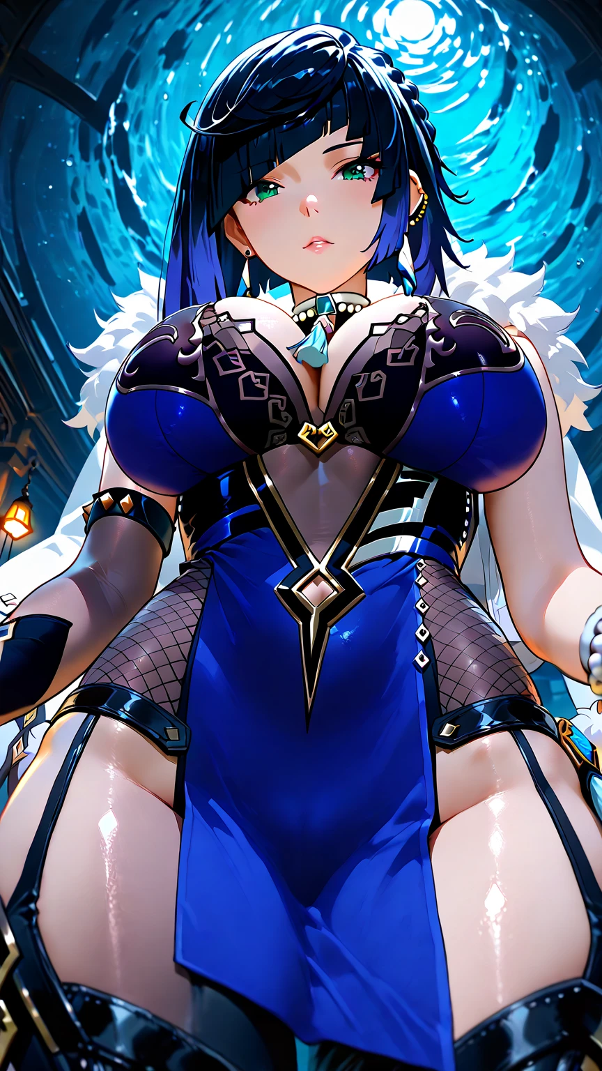 (masterpiece), best quality, expressive eyes, perfect face,1girl,clorinde,genshin impact,arena,lightning in the air,lightning bolts,smile,blush,cowboy shot,glowing eyes,big breasts,cleavage,long hair,bare shoulders,(magical girl:1.4),frilled dress,(showgirl skirt:1.2),studio lighting,(sparkle:0.9),(glitter:0.9)