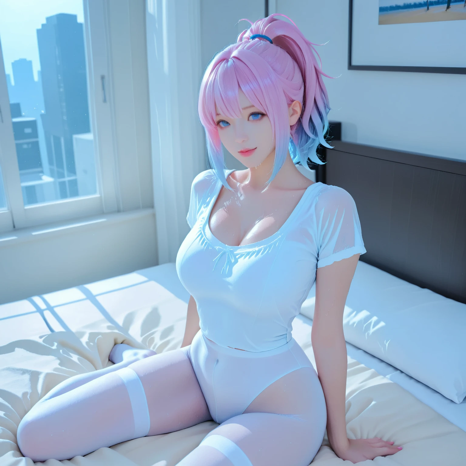 masterpiece, 1 person, female in her 20s, Japan idol, choker, ciea-cut _chiseled, ((pink_hair:1.4)) round eyes, (beautiful breast tips sticking out), ((light blue mercilessly pale chiffon translucent light blue underwear: 1.4)), ((whole body is wet)), ((translucent thin underwear: 1.4), (ultra-thin underwear; 1.4)), ((camel toe large: 1.7), (String Micro Bikini Armor), ((Beautiful smile)), Short hair, (hands and buttocks on the floor and crotch wide open: 1.4), ((knees thrust up)), (pubic hair sticking out: 1.4)), dark background lighting, close-up, detailed face details, perfect face, sharpness, beautiful face details, super high quality, exquisite 4K, soft lighting 8K, line art ( Highly detailed 8K wallpaper), dramatic lighting and shadows, 8K resolution, complex and high resolution, dramatic, female solo, full body, (covered with white liquid), (crotch visible)), beautiful buttocks, ((black knee stockings)), (pubic hair 1.4), body shape is large breasts, no panties, thin waist, (underwear visible), ((pubic hair clearly visible: 1.4)), pure black eyeshadow, pubic hair, lower abdominal hair, slender, crotch open, large and easy to spill out of the bra, (pubic hair is very protruding), sexy pose, attractive, clean and beautiful face, pale skin, shiny skin, skin dents, delicate patterns, intricate details, thin waist, huge breasts, NSFW