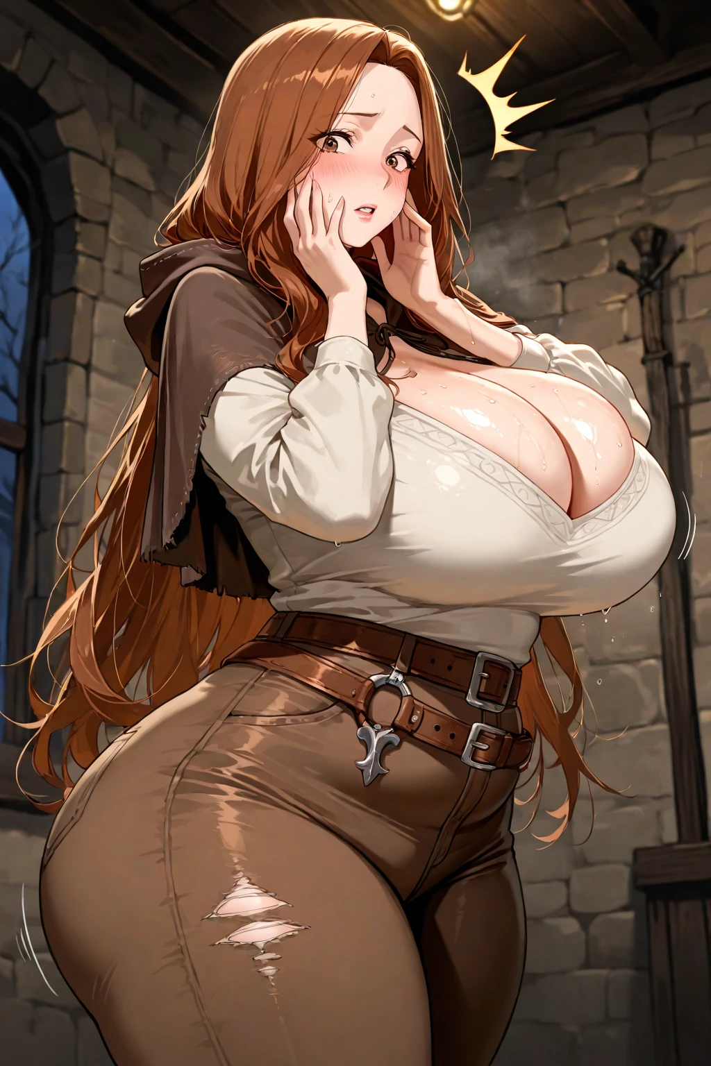 ((SFW))1 female dwarf, Chubby,longwavy hair,red hair color, thick eyebrows,brown dark eyes,freckles on the face, fleshy lips,Round face, wearing modest peasant clothes,breasts big((with neckline)) robust female dwarf, Broad Hips, innocent looking, scenery a rustic cabin,((SFW))