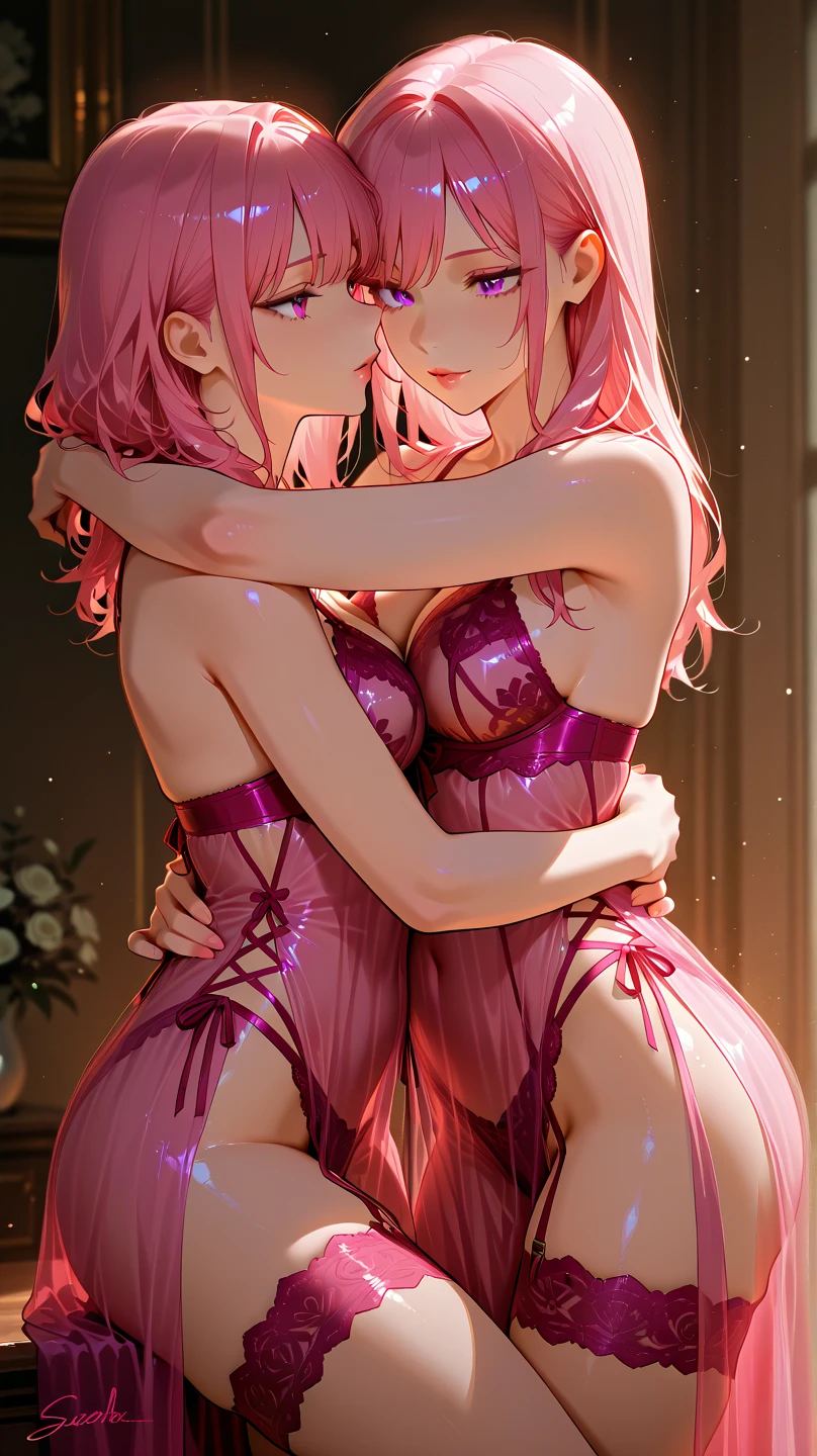 In a dimly lit beach with soft, warm lighting, a cute young busty girls with tiara sits on the sand sloppykissing, their long curly pink hair glistening in the glow. They wears a sparkling pink and black bikini with sexy cleavage that seems to shimmer and shine like bioluminescent paint, matching the radiant violet hue of her eyes. Their eyes are detailed with long eyelashes and bright and colorful irises with heterochromia and are sparkling. Their expression is sultry, with mesmerizing eye contact that draws the viewer in. Their big breasts are perfectly rounded, with a large sag that adds to their allure. As she kneels forward, her legs spread invitingly, showcasing her confidence and sex appeal. The watercolor-inspired hues on her skin blend seamlessly, creating a photorealistic effect that's almost too beautiful to be real. 2girls_kissing