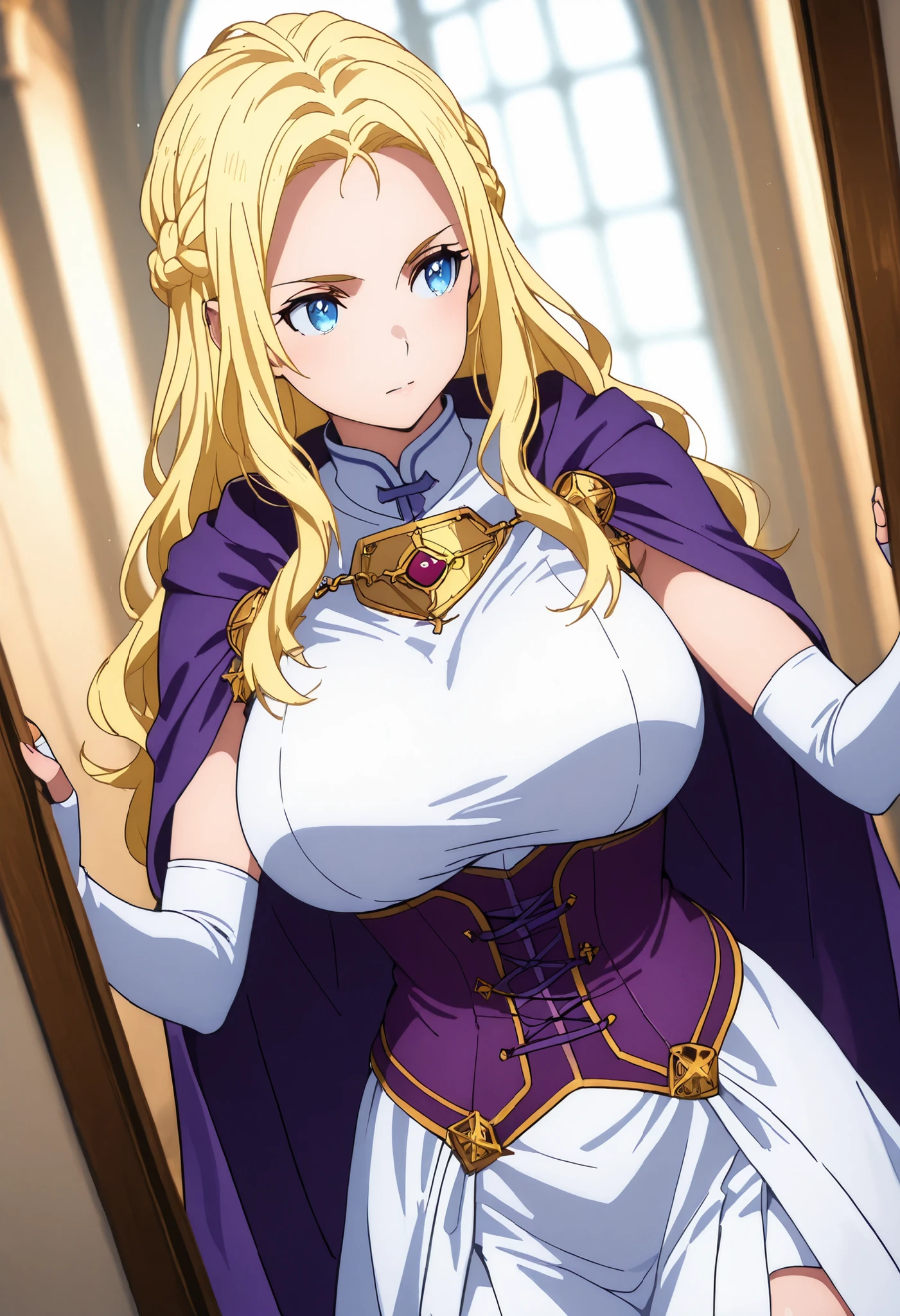 solo, ushio kofune, long hair, wavy hair, blond hair, big breast, braid, blue eyes, in a castle, medieval noble, medieval princess, sleeveless top, white gloves, elbow gloves, Fingerless Gloves, white skirt, white boots, purple corset, white thigh boots, white and purple outfit with gold finishes, white dress, purple traveler cape, fantasy style, dominant, confident, dutch angle, cowboy shot, perfect eyes, perfect body, seductive