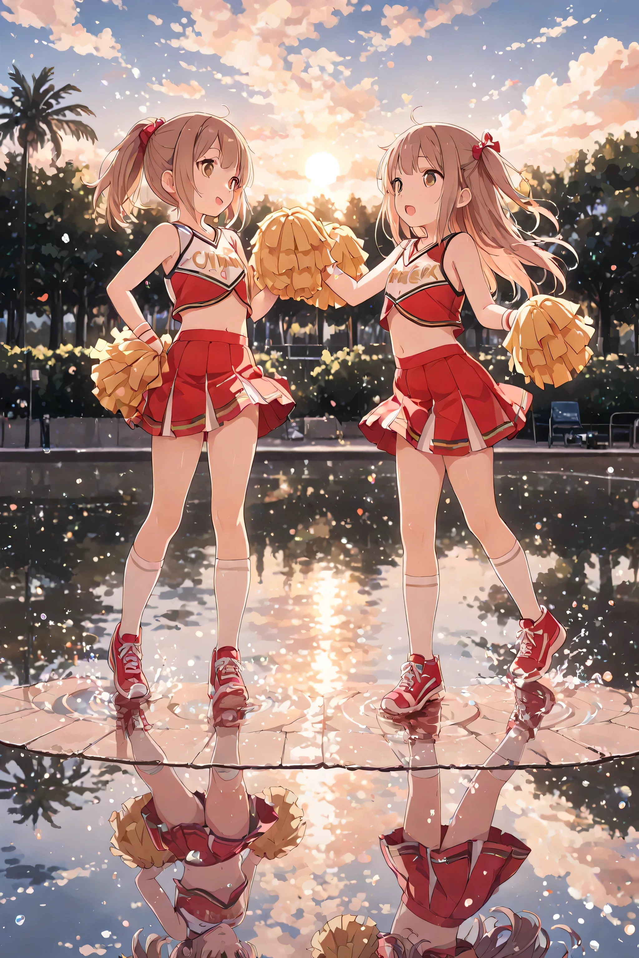 masterpiece, best quality, ultra-detailed, high resolution, 8k, intricate details, full body, sharp focus,
BREAK 2girls, only 2girls, Twin girls, light brown hair, They are wearing Cheerleader outfits, dancing, dynamic composition, Reflected in the water on the ground, sky, outdoor,