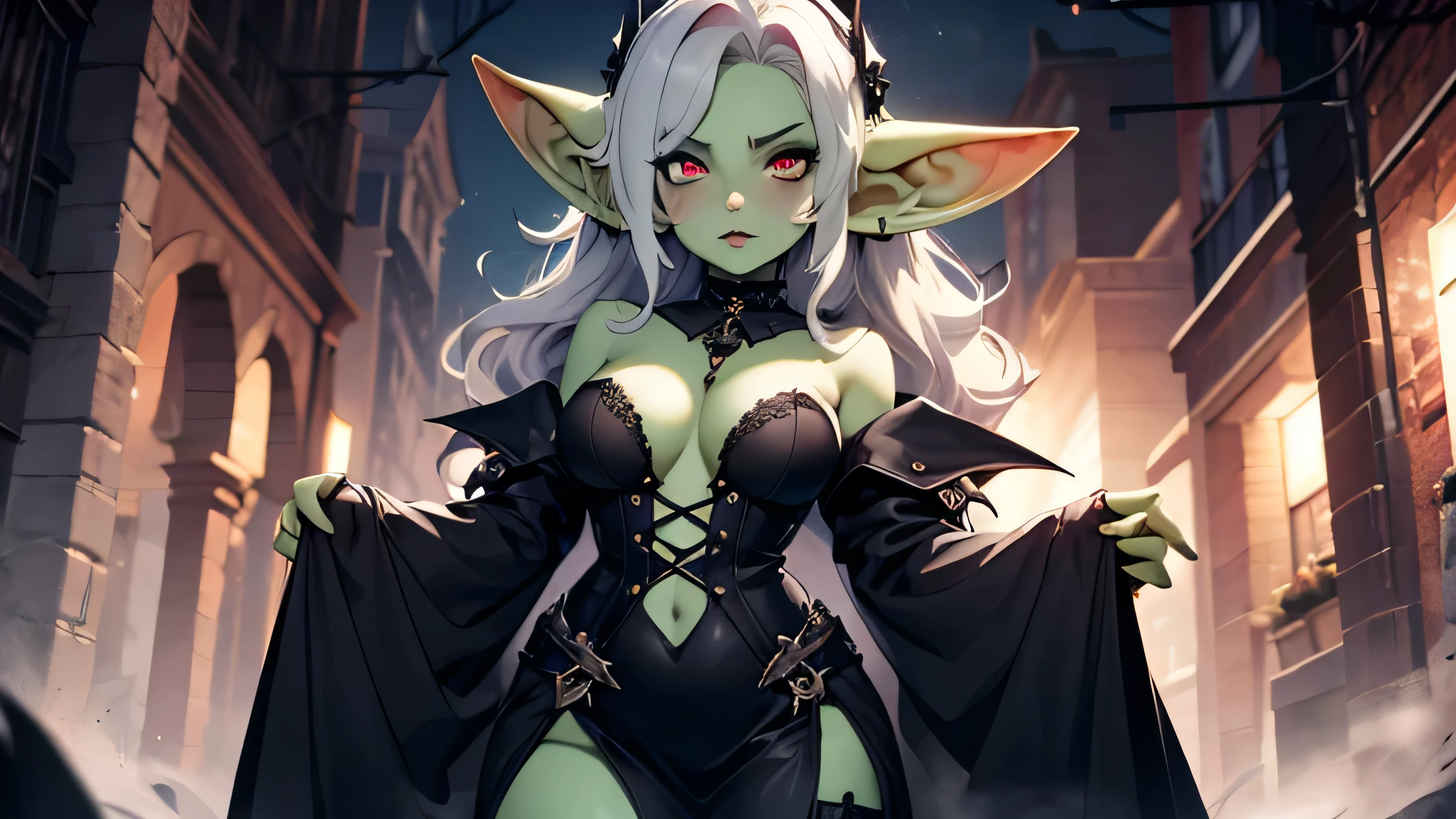 masterpiece, absurdres, 4k, (green skin), small pointy ears, portrait goblin woman psychiatrist, wearing ornate leather catsuit, posing with a whip, dynamic pose, wide stance, jewelry, medium breasts, sly smile, ((long silver hair)), volumetric lighting, grey eyes, ambient lighting, dimly lit, sexy lighting, cinematic still, sexy, dangerous, turned on, whips and chains in background