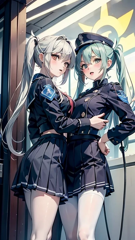 (((yuri))), (((2 girls))), ((police uniform)), absurdres, RAW photo, extremely delicate and beautiful, masterpiece, Best Quality, ultra high resolution, 32k, hyperrealistic, ultra-detailed, detailed description, perfect anatomy, pale skin, 20 years old, detailed beautiful face and eyes, tearful mole, earring, short medium hair, wavy hair, random colored hair, whole body shot, colossal tits, collared shirt, skirt,