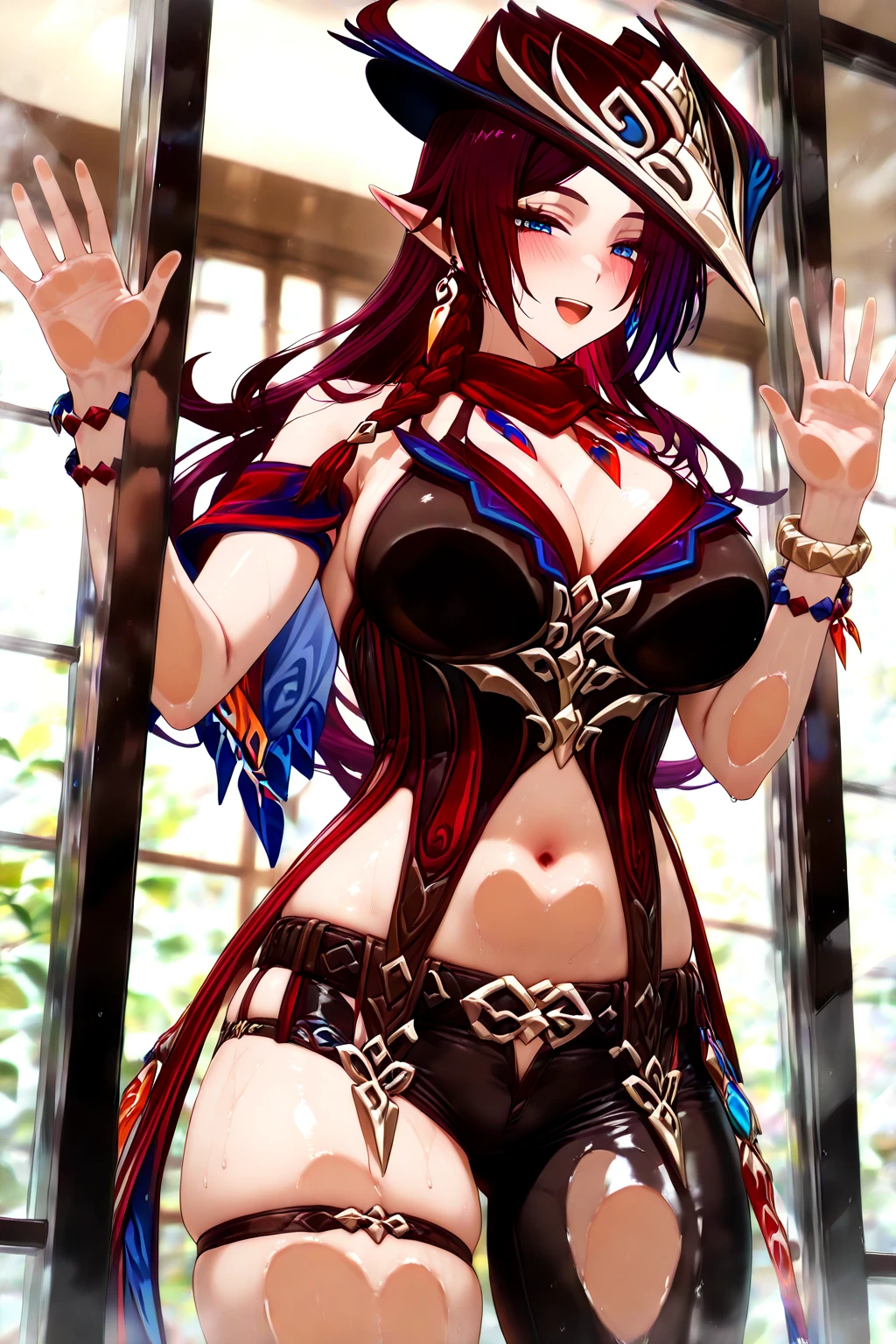 sunsethuman, two hair tones, red and yellow hair, female, medium breasts, wearing a toen and tattered dress, chained to a wall in a dank dark dungeon, bondage