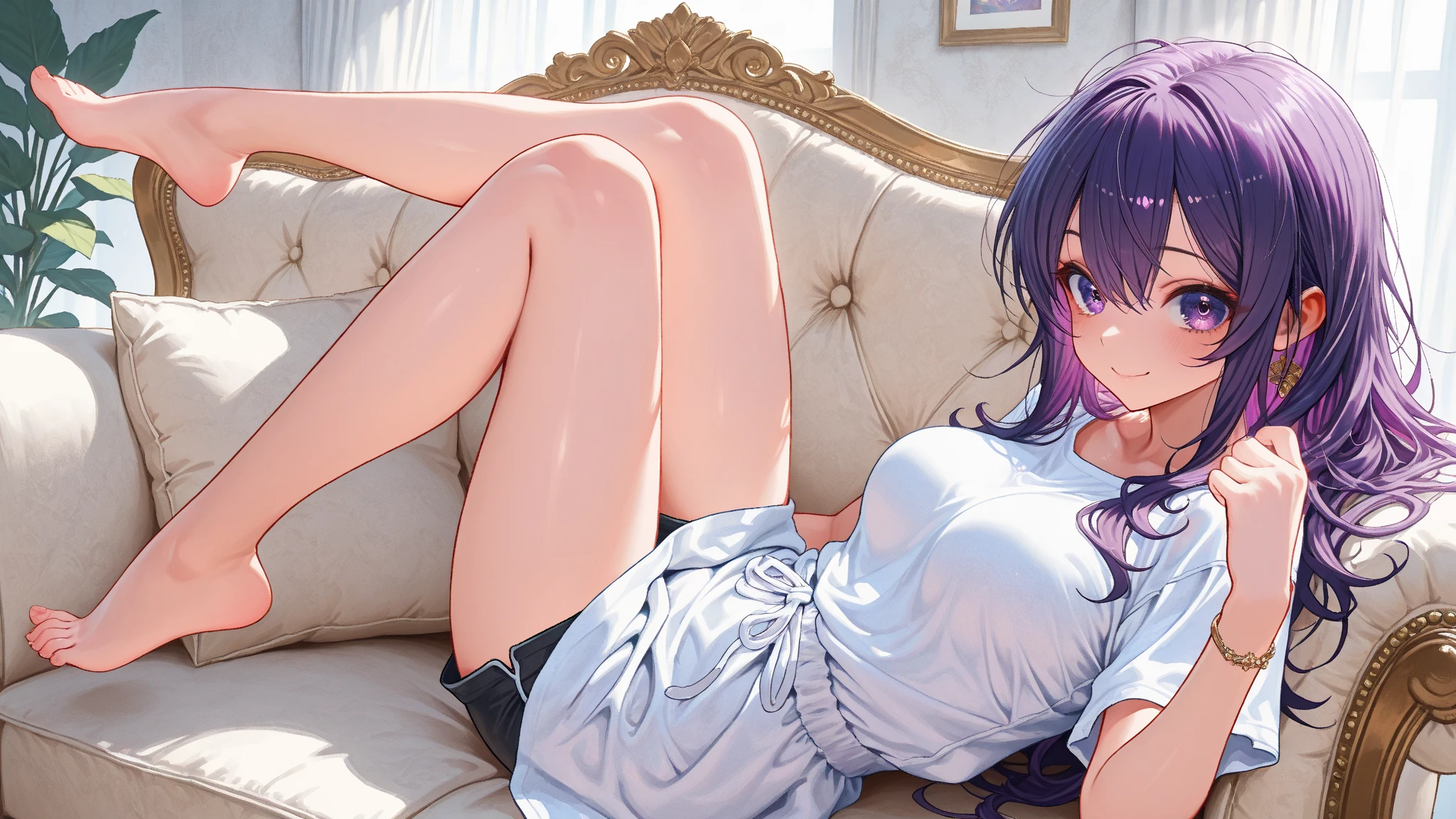 masutepiece, Best Quality, Detailed eyes, Vivid Color, Detailed skin, 1girl in, ((Large breasts)), ((Purple eyes)), ((Cinematic Light)),
Gorgeous bedroom, bed, (((lying on bed))), ((One light in the room)), ((((((Hotel room at night)))))),