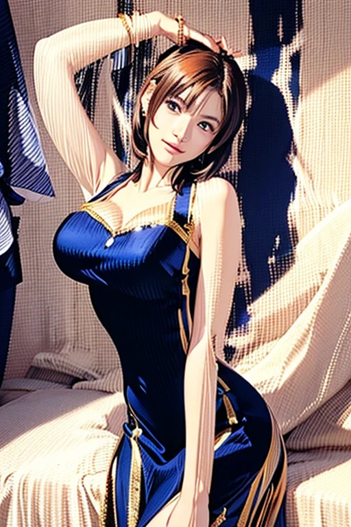 (8k, best quality, masterpiece:1.2),(best quality:1.0),ultra highres:1.0, extremely detailed, render, 4k, absurdres, HDR, looking at viewer, evening gown, elegant dress, bare shoulders, purple dress, earrings, bracelet, necklace, jewelry, sexy, lips, parted lips, smiling, medium breasts:1.3, medium full shot, hotel balcony, sunset, evening sky, wind, breeze:1.2, tifa lockhart, tifa, hairstyle:1.3