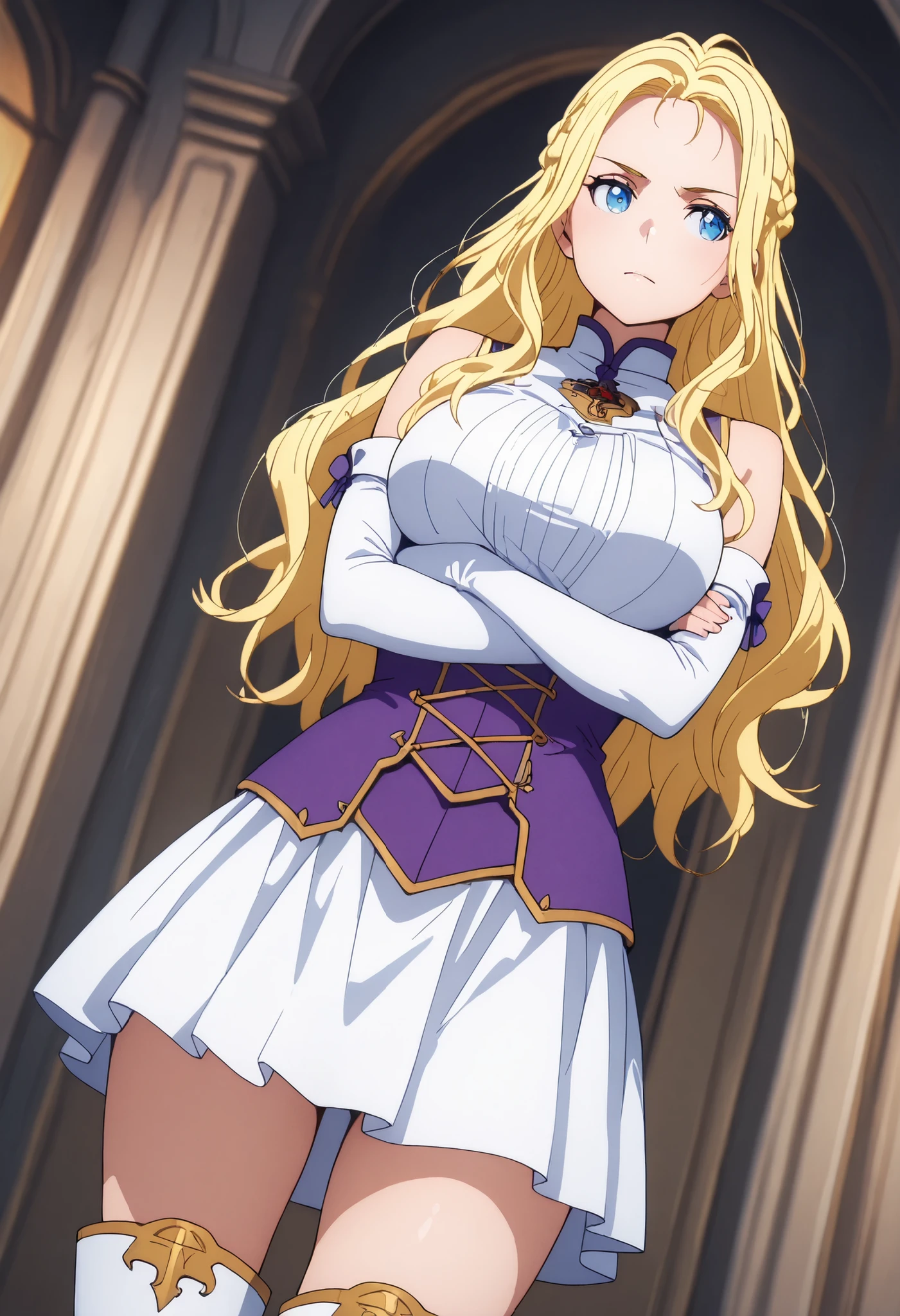 solo, ushio kofune, long hair, wavy hair, blond hair, big , braid, blue eyes, in a castle, medieval noble, medieval princess, sleeveless top, white gloves, elbow gloves, Fingerless Gloves, white skirt, white boots, purple corset, white thigh boots, white and purple outfit with gold finishes, fantasy style, dominant, confident, dutch angle, cowboy shot, perfect eyes, perfect body, , crossed arms