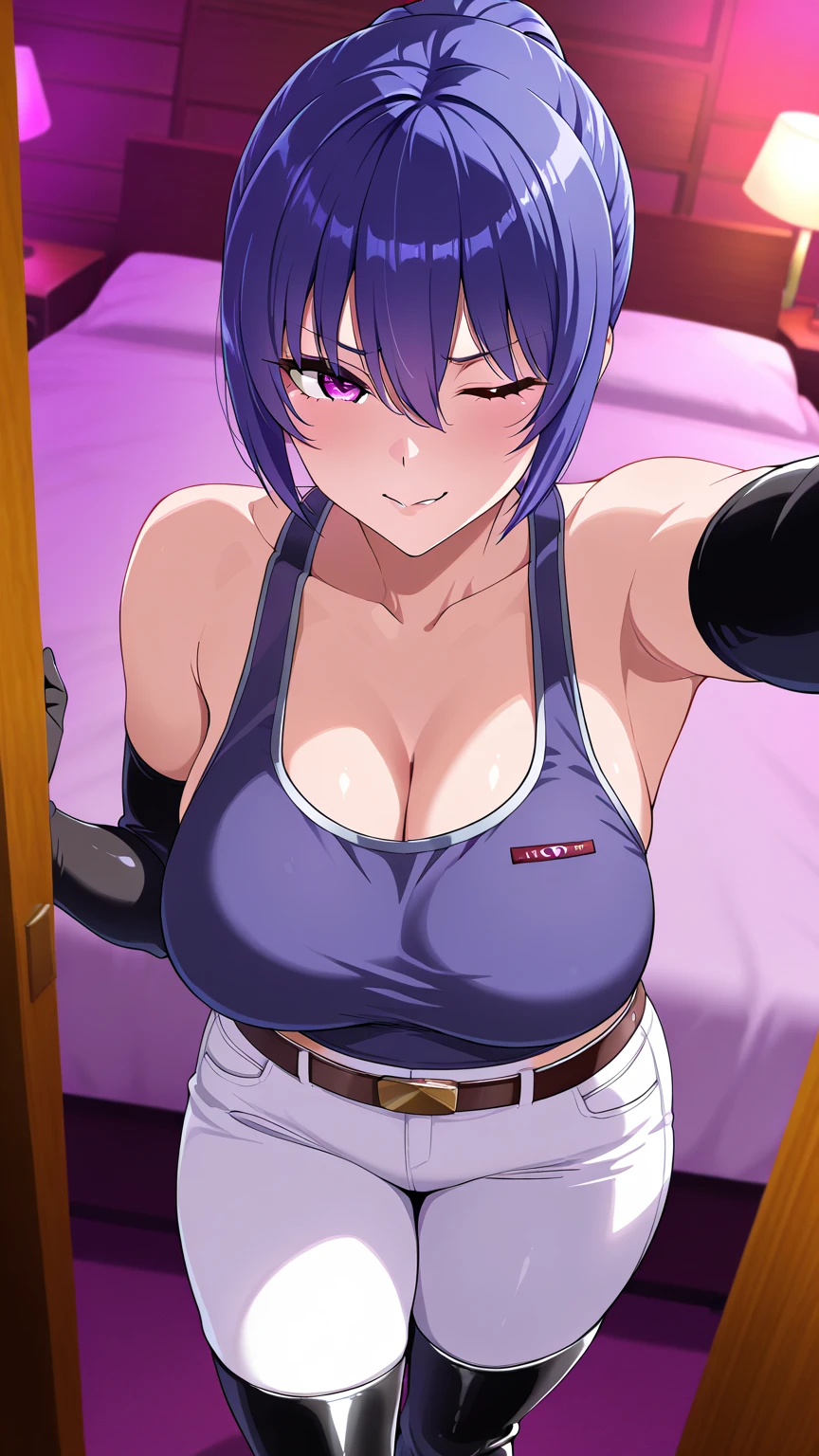Suko Kusanagi, Purple colored hair, red eyes,Wearing a transparent black bodysuit,anime style beautiful woman, lie on bed, (tmasterpiece, Best quality:1.2), cow boy shooting, Alone, 1 busty girl, Highest resolution,distinct_Image of a)Best quality, maam, tmasterpiece, The is very detailed, Semi-realistic, Transparent oversized T-shirt,exposing her breasts, shirt pulling, The collar is around the neck, Inside the room, Modern bedroom, window, Get up, Morning, The face is red