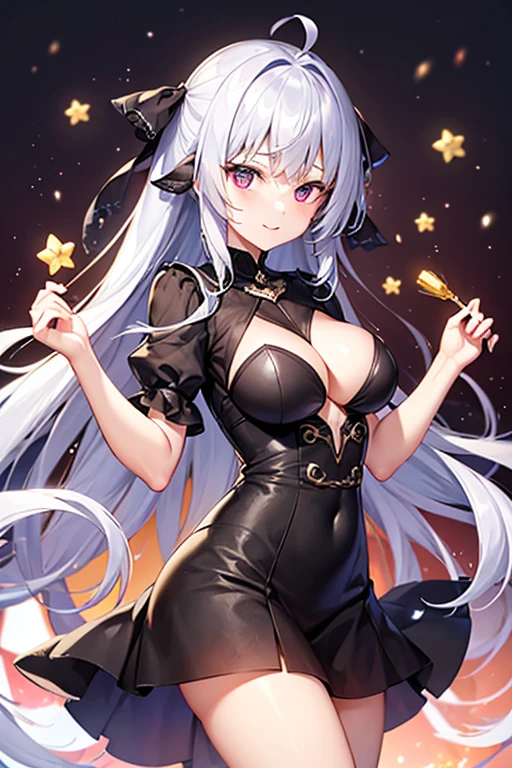 ((masterpiece:1.2, best quality)), 1aldy, solo, (black Bunny girl:1.25), (Alphonse Mucha:1.1), upper body, (front facing), (tarot:1.3), dark, night, (sky), dark cloude, siver Tray, star, milky way, black pantyhose,