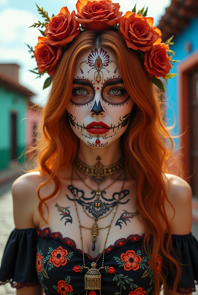 photo by full body ,beautiful redhead with mexican skull painted face, new, skin fair