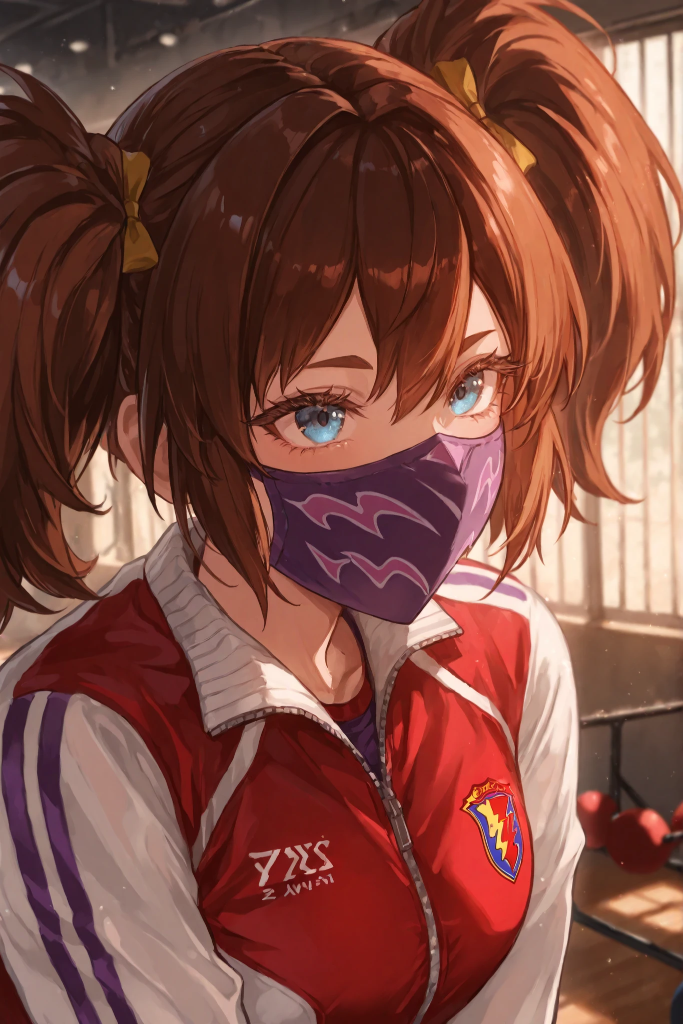 A vibrant anime character Inari one confidently wears a shiny fit, Open space, suggesting an indoor environment, , probably a sports gym or a training area. She has impressive brown hair styled in large, voluminous hair shaped like two ponytails, accented by a horse's ear and a purple striped mask, , adding to her unique and playful appearance. Sua juventude, An energetic face is complemented by a large, expressive blue eyes under thick eyelashes. She wears a red and white sports jacket with stripes on her shoulders and , um colar alto, and a logo indicating a team or sports brand fictional. The lighting is soft, and the background includes large windows that allow natural light to flood the room, , highlighting the warm and dynamic atmosphere. The character is lively and determined, for a lively scene focusing on energy and action.