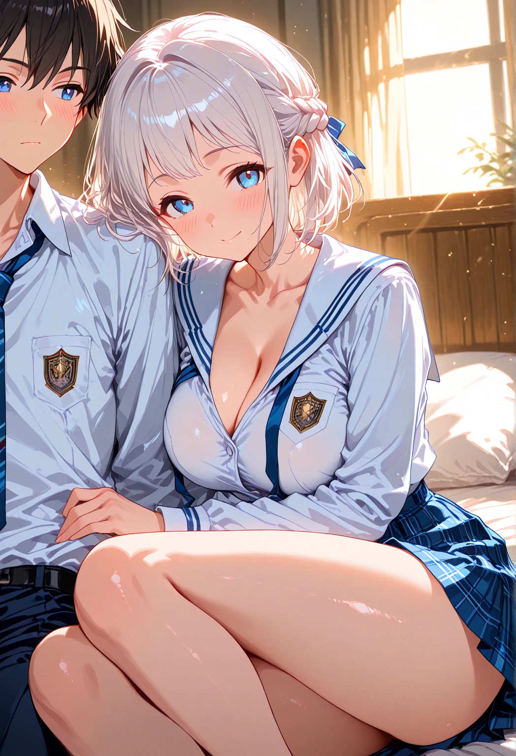 masterpiece:1.3、ultra high resolution:1.3、uncensored,1girl, sitting on bed,(gray knee-high  socks),G cup、full body、beautiful silver bob hair、sexual excitement、erotic、blush、real moist skin、Stuffy、wet、cute、fashion,( blazer, miniskirt)、1boy,penis,nursing handjob,breast sucking,penis,nipples,lactation,cum,