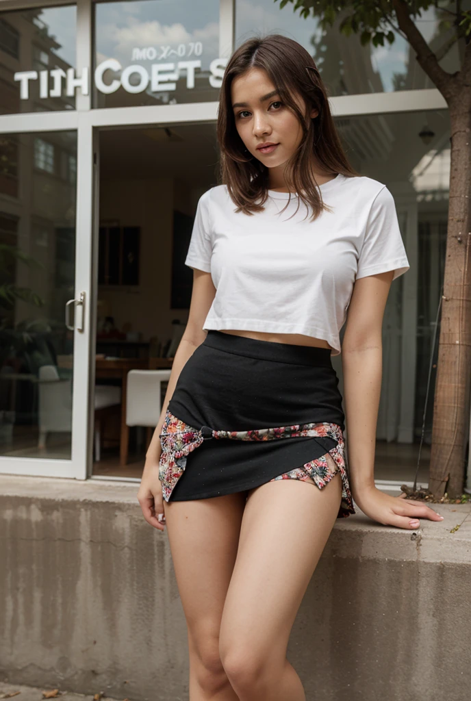 Open shirt, (((Leaning forward))), ((,Round face, Around 17 years old,mini skirt、A loose-fitting tank top)),  Long Hair, , Natural Makeup, Lips become thicker, Sexy Gaze, barefoot, ((Raise one leg)),  Shooting from below,Gentle expression ,((Extremely precise and accurate anatomy)),  (masterpiece:1.43), Perfect proportions, Realistic photos, Full Shot, whole body, (height: 165cm), 