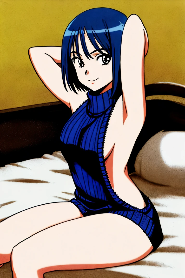 (1980s anime), beautiful female goth, short hair, pixy cut hair style, white hair color, wearing metal collar and chains, kneeling, (on all fours), partially naked, Luxurious bed room, white fabric, seductive, smile, dynamic pose, extremely detailed face and eyes, dark eyeliner, make-up, absurdes, 4k, beautiful lighting, dynamic shadows