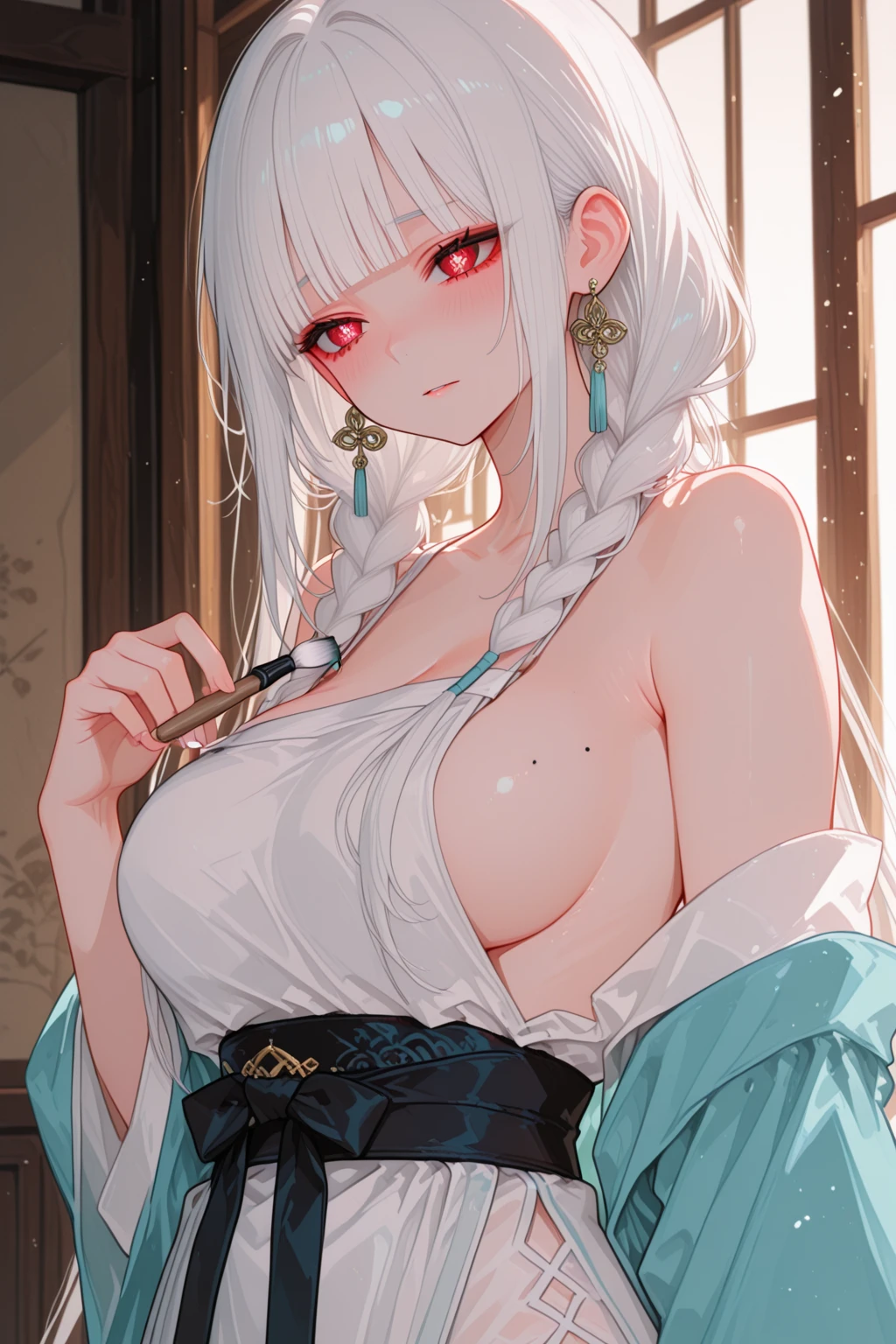 realistic character with white hair, a close up of a person with a tattoo, highly detailed, beautiful alluring realistic woman, (((yakuza slim girl))), full body close-up shot, smirk, realistic 2.0