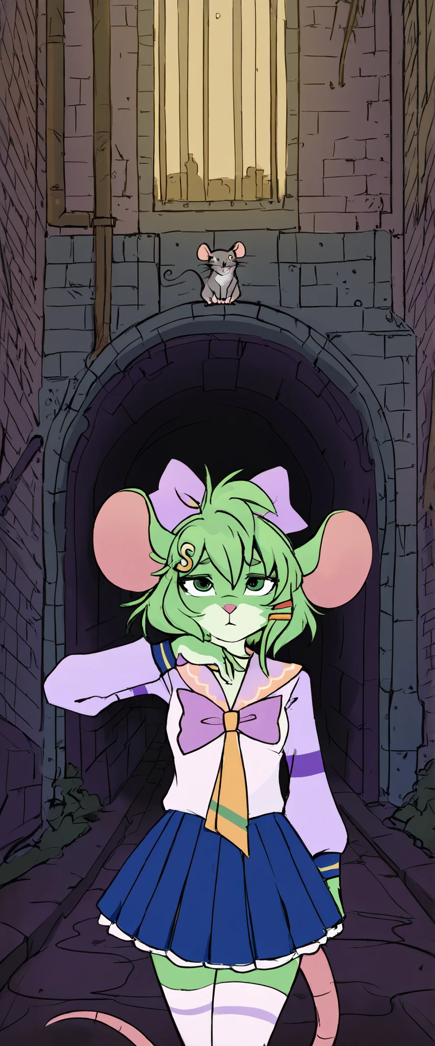 score_9, score_8_up, score_7_up, score_6_up, templeton the rat, rat, rat tail, Sssbbw obese sssbbw gluttony hungry high school rat girl kiss score_9, score_8_up, score_7_up, BREAK, 1girl, solo, 1girl, solo, ,short green hair, green eyes, purple bow headdress, hair clips, purple and yellow sailor collar, sailor suit, blue pleated skirt, white stockings, l dorky hair.。
4k, HD, out of breath,Green fur, Rat, mouse,GreenHairBowGirl,Bow hair,Purple Bow,sewer,Large incisors。Smelly rathandles, fat