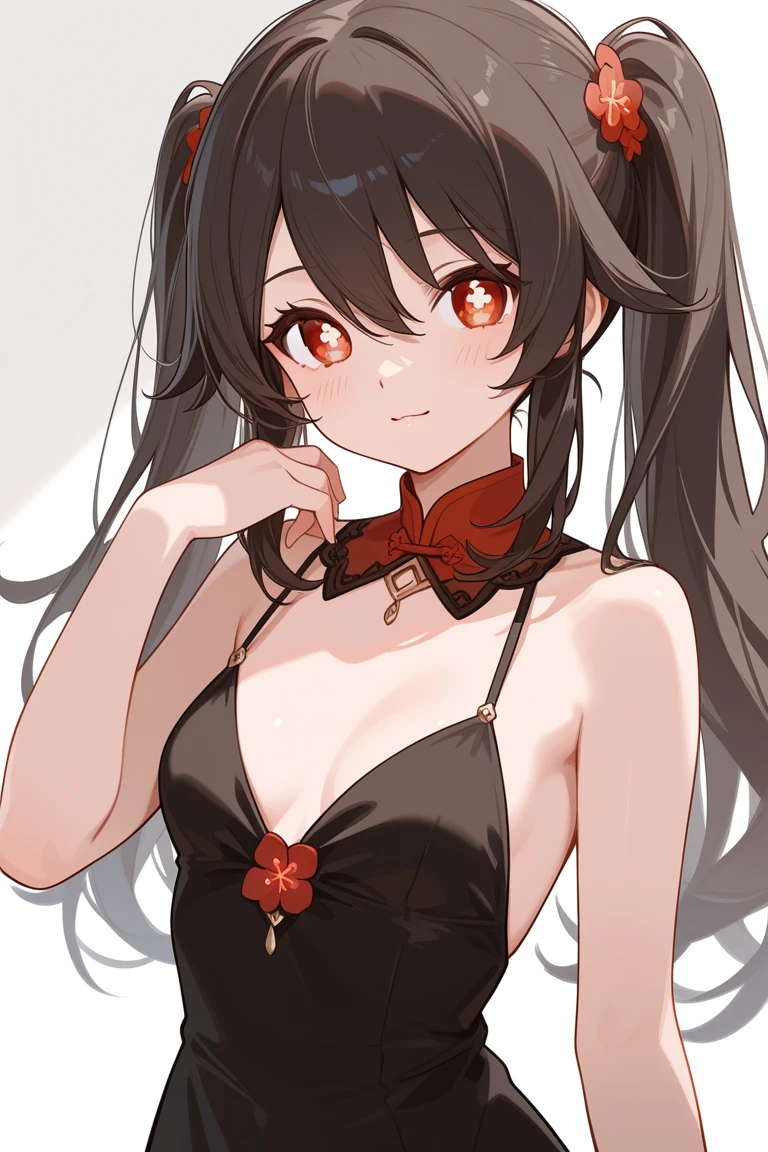 masterpiece, Score_9, Score_8_up, Score_7_up, rear view, 1 woman, alone, black hair with red , long hair, split bangs, dark red eyes, half-closed eyes, parted lips, expressionless, pale skin, large breasts, upper body, nightgown black with a V-neckline, black background, the best quality, horns up, long parted bangs.