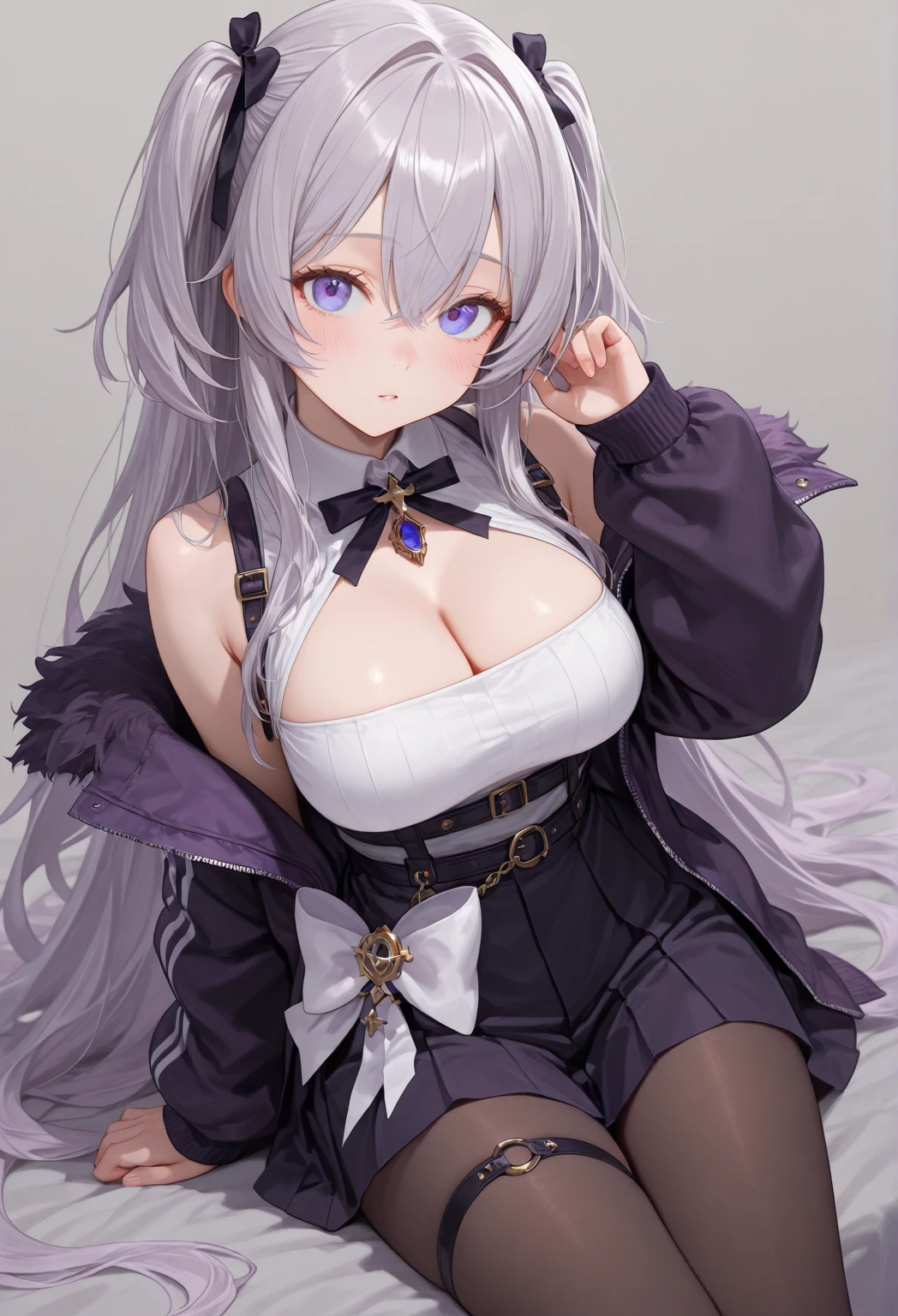 1girl, animal ears, areola slip, armpits, arms up, bangs, blush, boots, braid, dishwasher1910, fake animal ears, frills, hair between eyes, hood, hood up, kneeling, gigantic breasts, leotard, long hair, looking at viewer, nipples, pout, rabbit ears, rabbit tail, red eyes, solo, tail, thick thighs, thigh boots, thighhighs, thighs, very long hair, white footwear, white hair, white thighhighs
