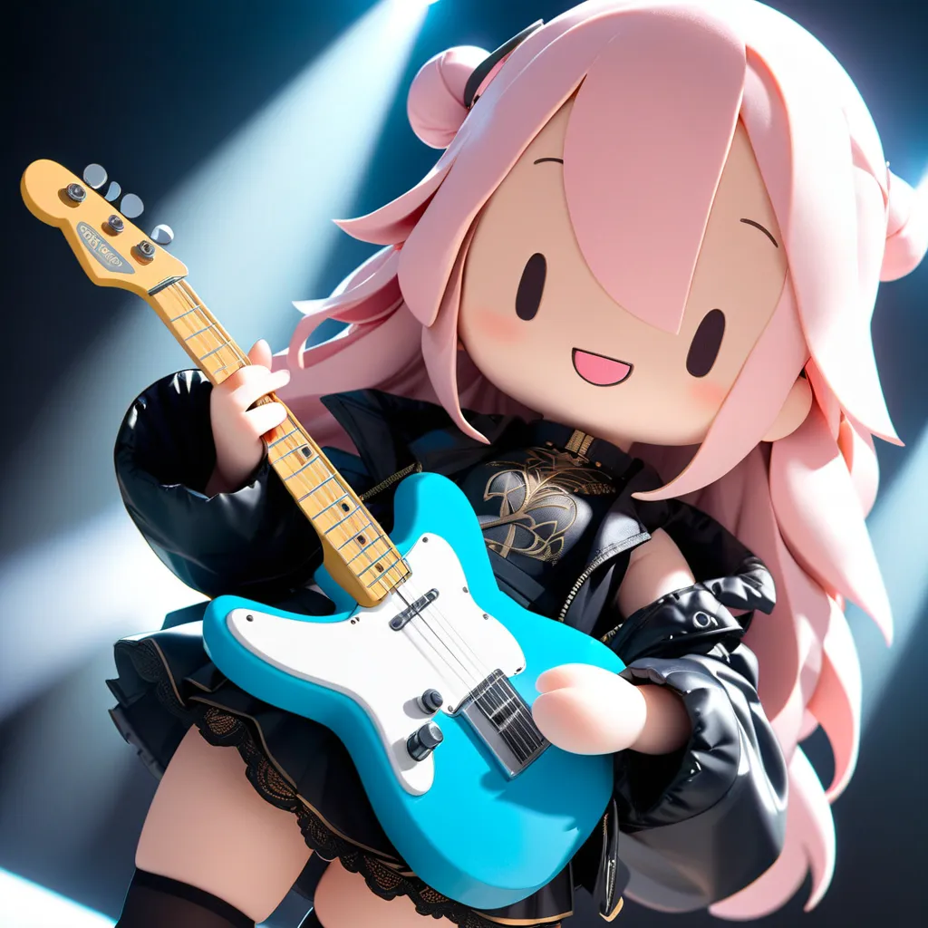 toy doll anime girl playing the guitar on a neon stage, alluring, mischievous smile, muse, stunning, hyper-realistic volumetric details, unreal engine --ar 9:16 --style expressive --s 1000 --q 2 --niji 5