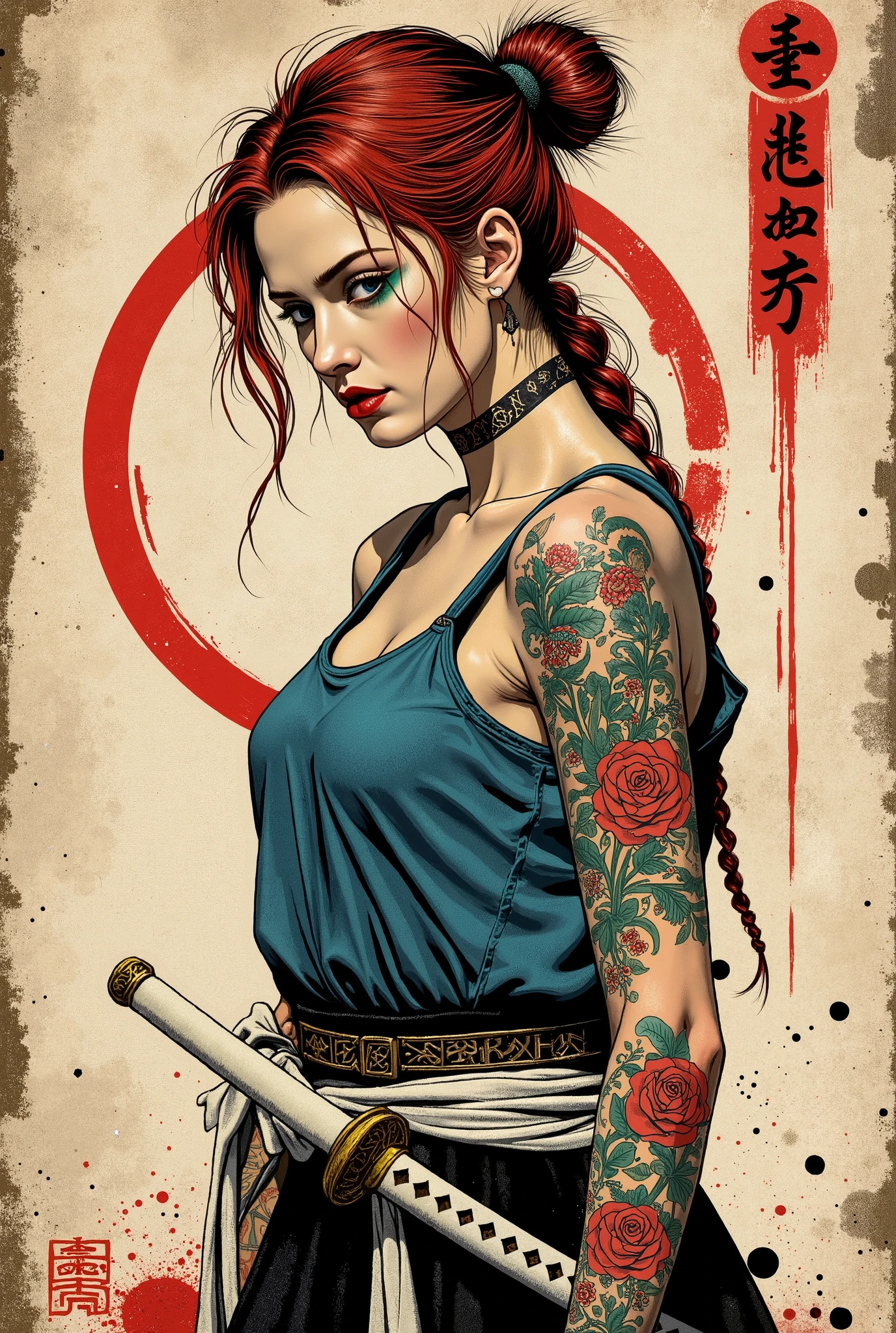 Young western samurai woman. She looks down seriously. vista de frente. The body is effectively curved. seios pequenos. Shoulders are thrown back. The arms are loosely lowered along the body. The head is slightly turned to the observer. cabelos longos, cacheados, red-haired and disheveled. Full lips, red lipstick. eyes one of each color : Verde o direito , azul o esquerdo. She wears a blue top with bare shoulders. Rose tattoos on her shoulders and arms. Tattoos with Wicca symbols on her forearms and hands. A white-sheathed katana around your waist. Sepia image . The background is an old wall, gasta e suja, once painted white. Caligrafia japonesa , mixed with Celtic hieroglyphics. A large red Ensō brushed as Japanese calligraphy, carelessly painted with a large brush. Cuts and splashes of red ink. The texture of the worn wood . Splatters of dirt scratching the entire surface of the lower part. The overall artistic style is colorful and slightly rough, como um velho, beaten poster. The color scheme is soft and dark. The emphasis is on the details and the feeling of calm, poder. Conecte-se, No estilo samurai, ink graphics. linhas de movimento, Framed within a frame. obra-prima, super detalhe, 8k