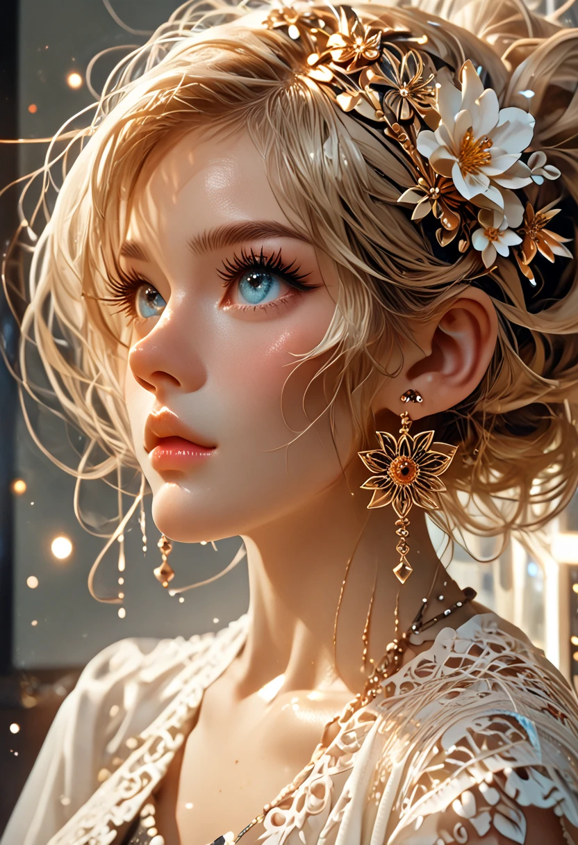 Immerse yourself in the elegance and sophistication of a beautiful blonde girl with captivating sparkling green eyes. Utilizing 3D technology and Octane rendering at 8K resolution、Her detailed face is rendered in a hyper-realistic way。. Exquisite sharp details and smooth rendering style, Combined with film studio lighting, It will make this work of art a true masterpiece.. We hope ArtStation will become a trendsetter in the digital art community.、Get ready to turn heads.