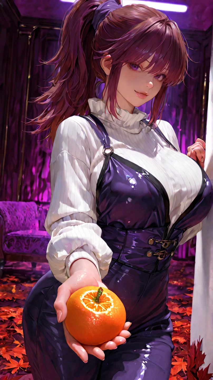 1 girl. super dark orange short bun hair. brown eyes. wearing violet chinese styled funeral dress, gloves, long flat shoes. eating donut. high res, ultrasharp, 8k, masterpiece
