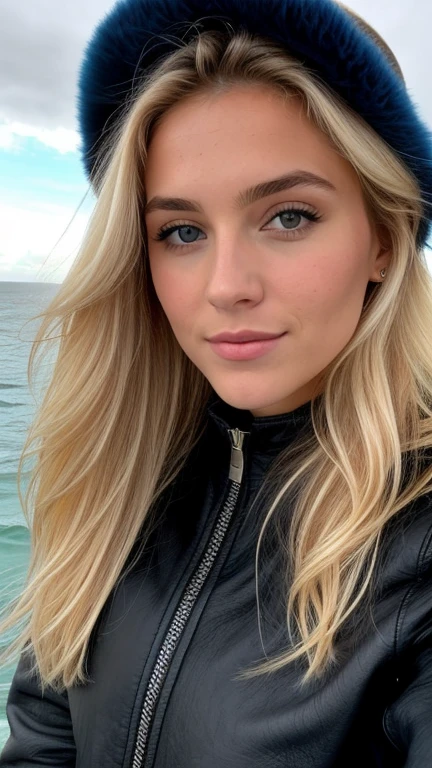 a 23 year old blonde woman takes a selfie in Nice with the Promenade des Anglais in the background, we see the sea in the background, 50mm f/2.8, Photorealism, Blonde Hair with Light Brown Roots, cheveux blond, Cheveux avec des racines brunes, Very long hair, yeux bleus, belle femme, vue de face, Extreme close-up of the face, zoom sur le visage, un blouson d'hiver noir avec une capuche avec des poils, high quality, selfie, profondeur de champ courte