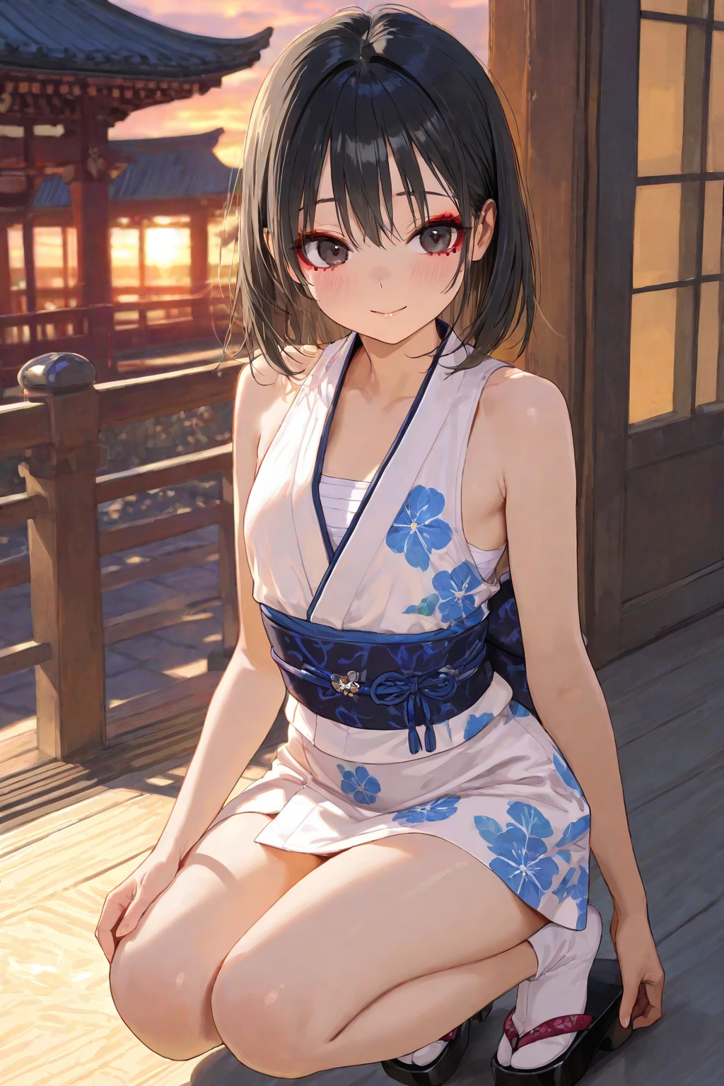top-quality、Full limbs、complete fingers、Slender beauty、bob cuts、hime-cut、White swimsuit、Small eyes、Flying in the sky、mid air、Japanese pattern、japanese-inspired