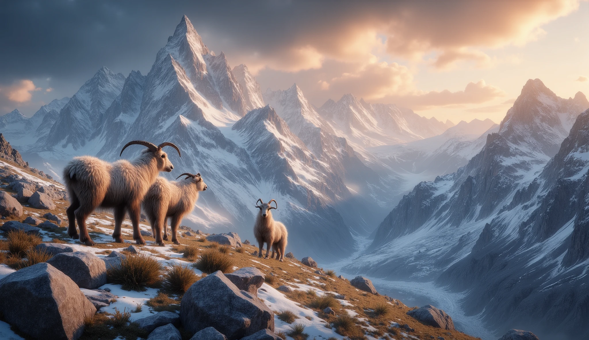 A majestic alpine landscape at dusk, snow-capped mountains in 16:9, thick-haired mountain goats in the foreground, snowy peaks in the background, dramatic sky with dense clouds, golden sunlight reflecting on ice, high definition photograph, cinematographic composition