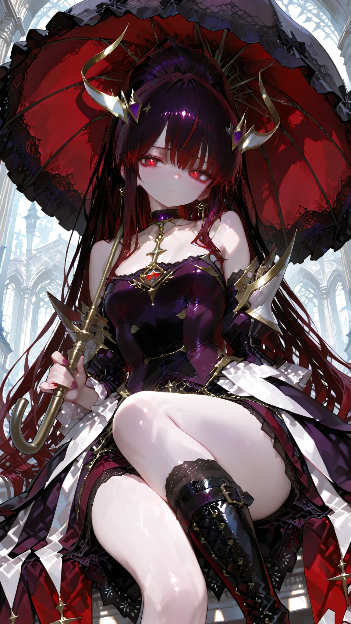 Battle mage_neopresencia,,Dream Vision,Outstanding Works,Slightly realistic, excellent quality , Very Beautiful, 超high resolution, high resolution,anime style.2/4 Roles, gothic lolita girl, tall double ponytail hairstyle, Hair Color: gradually changes from dark purple roots to black tips, Precise color, consistent in all renderings, sharp dark red eyes, gothic lolita style and dark black purple dress,knee-length boots with cascading ruffles, silver cross detail, Black lace choker, silver high heels with silver chain(Leaking Foot), gorgeous black parasol, highly detailed, Smooth skin, Subtle Highlights, Dramatic Shadows, tight to the parasol close to the chest.highly detailed, Smooth skin, Subtle Highlights, Dramatic Shadows, Ultra-fine fabric texture , tight to the parasol close to the chest, shy elegance,Random dynamic poses