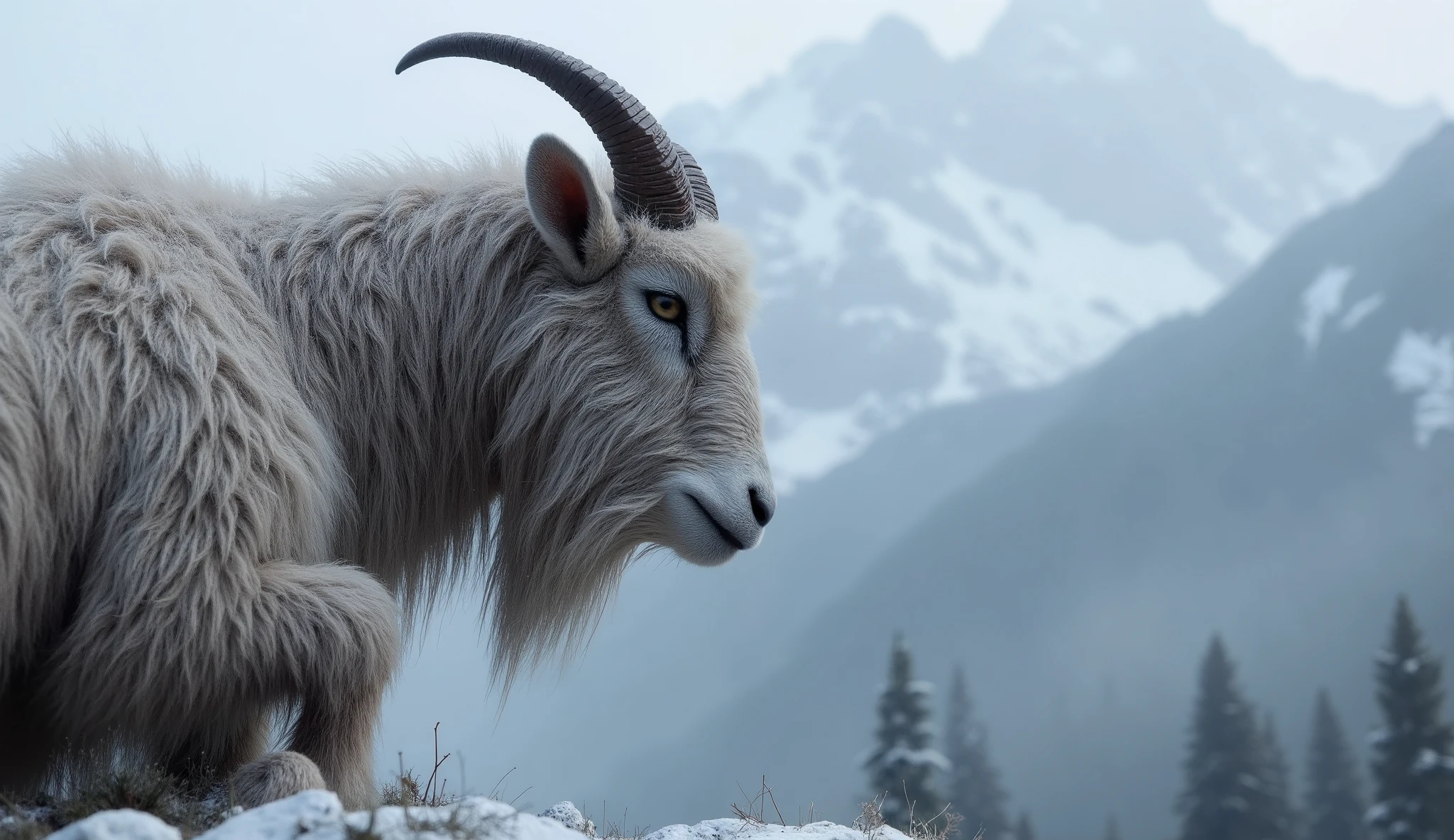 Side close up of a powerful alpine goat in 16:9, dense, wavy coat covered with ice crystals, penetrating and determined look, blurry snowy mountains in the background, cold and mysterious atmosphere, soft mist, professional photographic quality