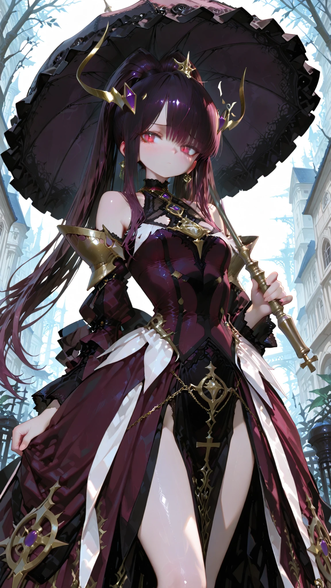 Battle mage_neopresencia，，Dream Vision，Outstanding Works，Slightly realistic，  excellent quality ， Very Beautiful， 超high resolution， high resolution，anime style.2/4 Character, Gothic Lolita girl, High double ponytail hairstyle, Hair colour: fading from dark purple roots to black tips, Precise colouring, Consistent in all renders, Sharp crimson eyes, Gothic Lolita style black and dark purple dress with cascading ruffles, Silver cross detail, Black lace necklace, Silver heels with silver chain (missing feet), Gorgeous black parasol, Highly detailed, Smooth skin, Subtle highlights, Dramatic shadows, Clinging to parasol near chest. Highly detailed, Smooth skin, Subtle highlights, Dramatic shadows, Ultra-fine fabric texture , Holding on to the parasol near the chest, Shy and elegant, Random dynamic pose