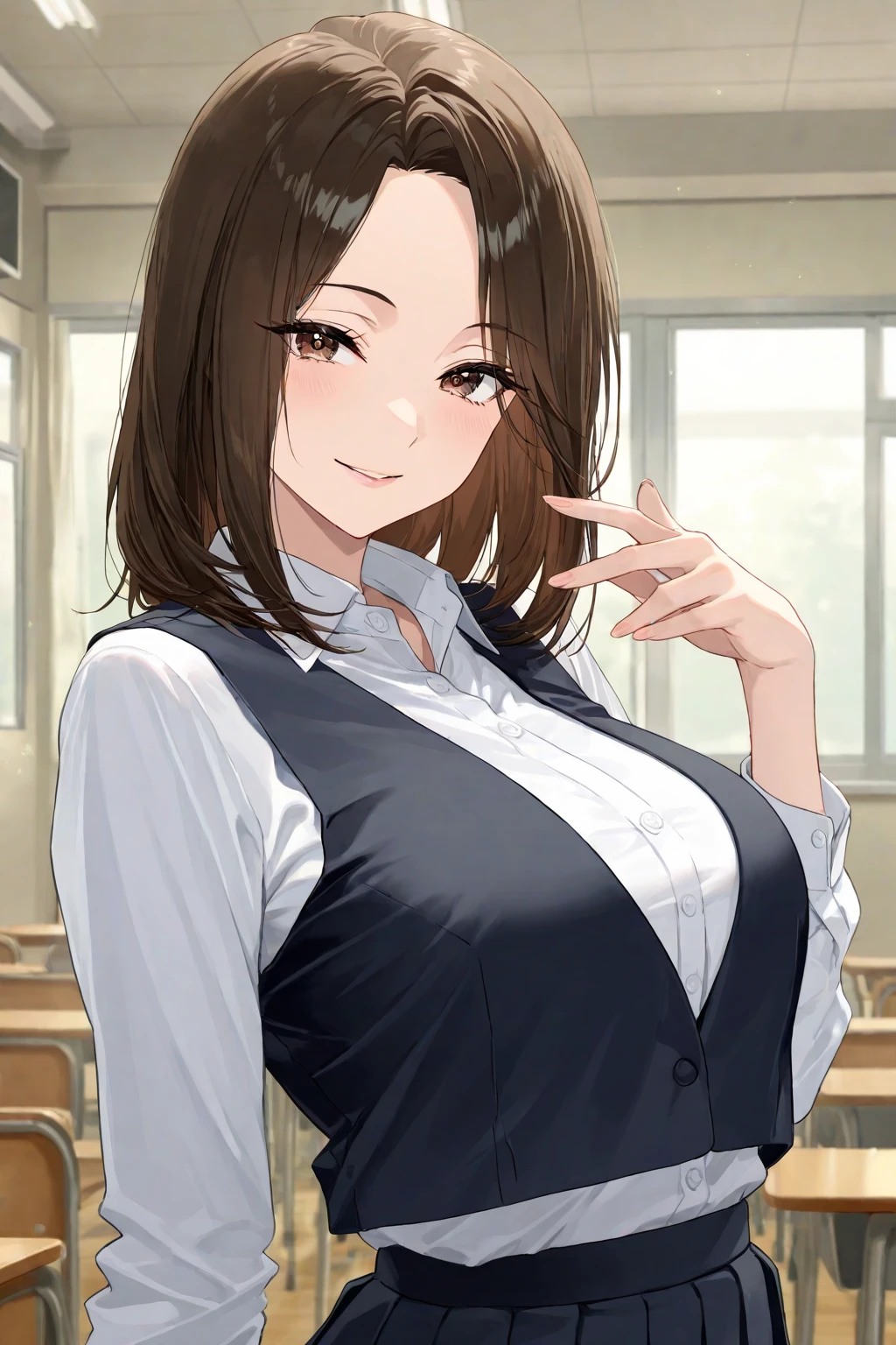 anegasaki nene, shiny brown short hair, beautiful brown eyes, smiling face, sparkling pupils, (fine grain), highly detailed eyes, highly detailed face, highly detailed eyes,, (masterpiece:1.2, best quality), ((only1 girl)), cowboy shot,cowboy shot,,
(Pencil 、business suit : 1.5), (Workroom Background : 1.5), (Curly Hair 1 .5), ( Delicate Realistic Hair , Realistic black hair), bangs, smile, , Young and Adorable Japanese Face , Official Art, HD CG Unity 8k wallpaper,Ultra HD ,very well detailed, Half photo , HD , Kodak Portrait 400, Film Grain , lens flare glow, Highest quality,8k, as a portrait shoot,8k, Show Viewer , (( masterpiece)), (( Highest quality)), ( very detailed), ((cute)), (( )), (( very well detailedな)), ( Detailwear Features ), (beautiful), 's illustration , beautiful Japanese woman, (( female 1 person)), ( bold cleavings : 1.1)