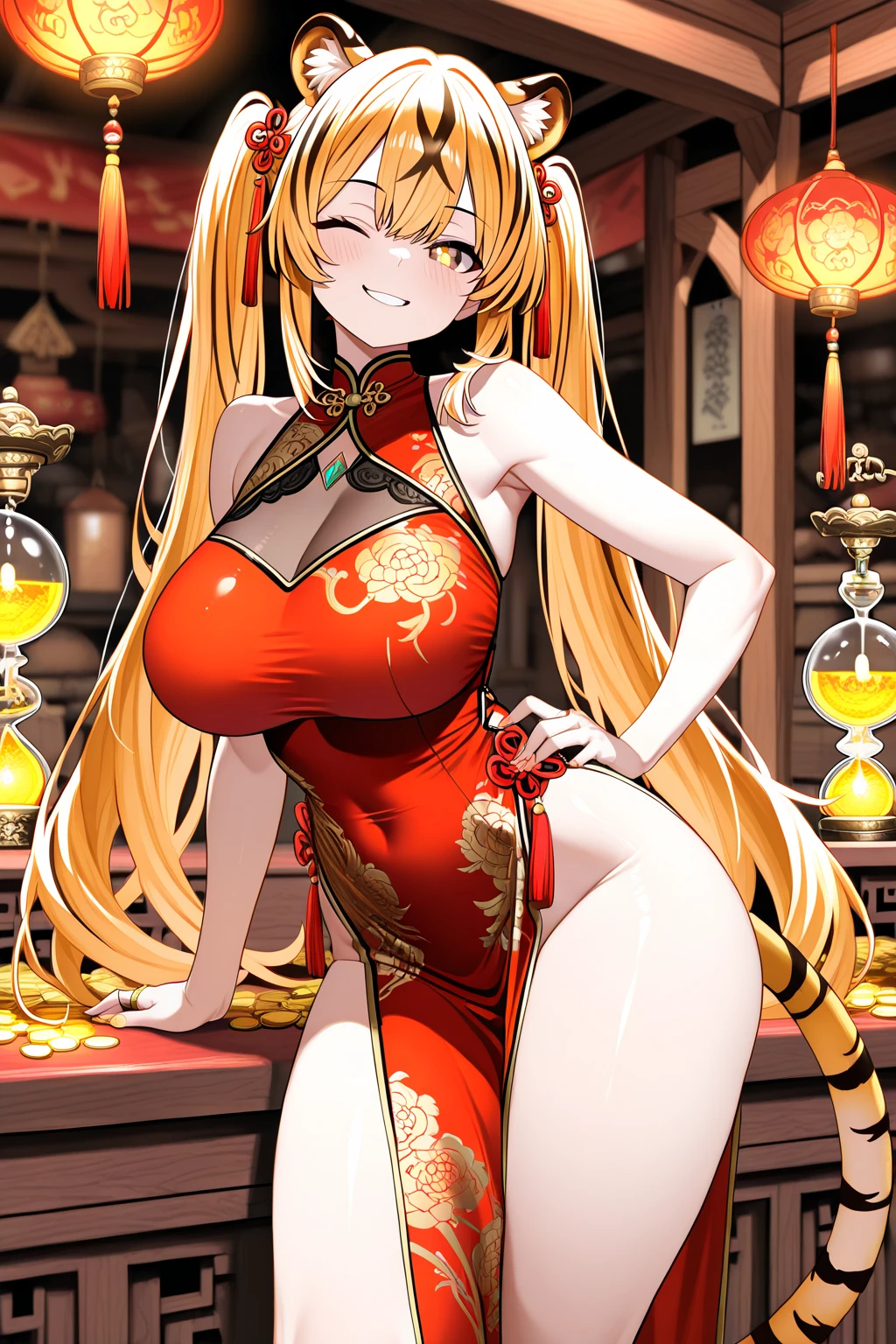 A portrait of a radiant adult 9 tails fox girl with a warm smile directed at the viewer, the background features a vibrant Chinese New Year celebration, lanterns, fireworks, traditional decorations, beautiful scenery, Breasts enlarged, elegant mature woman, large hips, big breast, Ahri, blonde hair, braid, flower on head, animal ears, fox ears, kemonomimi mode, Holding a sign with Kitsune are sexy
, Wide-Angle, pov, super detail, high quality, highres, masterpiece