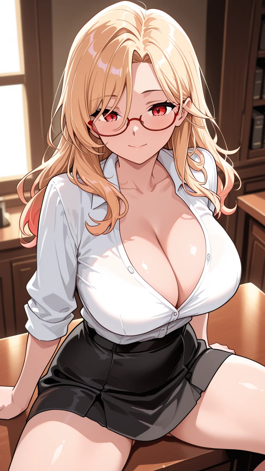 (masterpiece,best quality, detailed), library, leaning forward exposing cleavage, tits on table, cowboy shot, 1girl, solo, shiraki meiko, ribbon choker, brown jacket, looking at viewer, hot cleavage, open mouth, drooling saliva, shocked face, cum on tits, badhandsv5, (giant breasts:1.3)