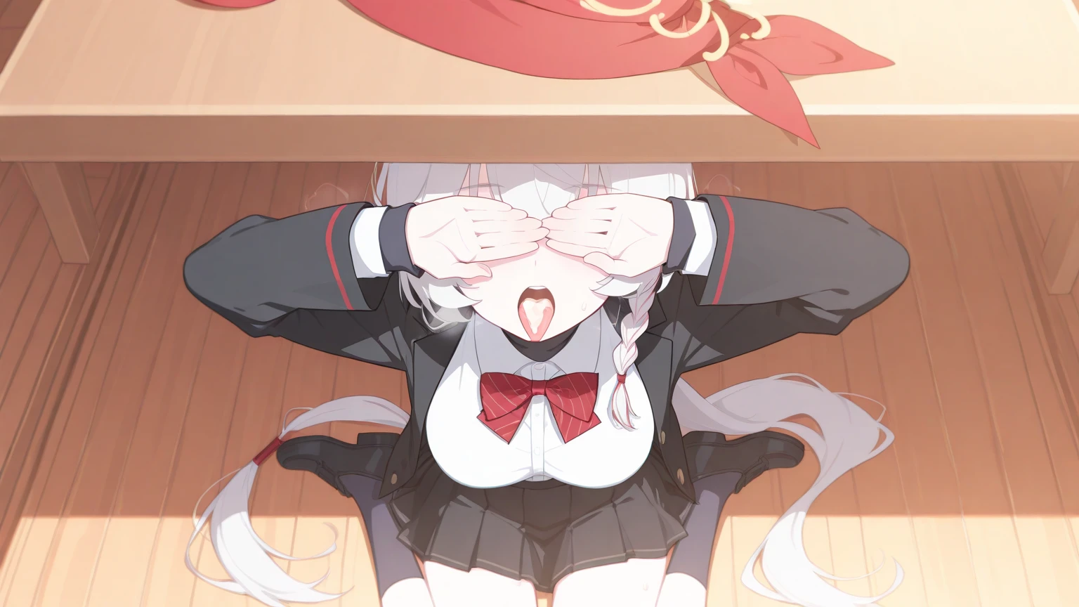 Black Hair、Embarrassed、Blushing、学校のstage、Red ribbon、、stage