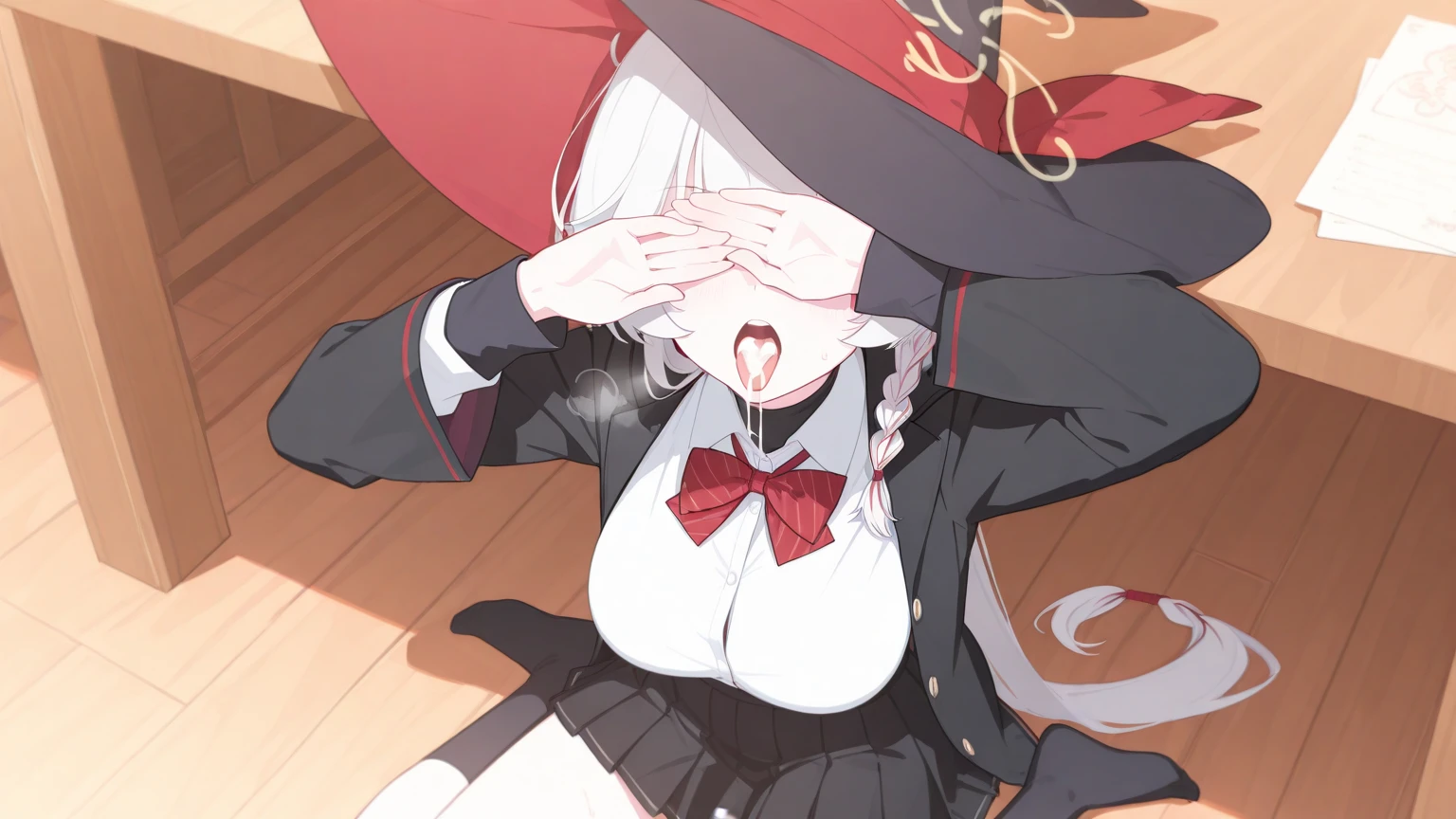 (harayutaka art style:0.7), score_9, score_8_up, score_7_up, score_6_up, uncensored, olgamarie, yellow eyes, white hair, long hair, side braid, BREAK (masterpiece:1.2), best quality, high resolution, (detailed eyes:1.3), perfect lighting, (perfect hands, perfect anatomy), lips, large breast, wide hips, kneeling, cum on face, facial, dark skinned male, huge horse cock, cock in front of face, penis awe, shocked expression, gasping (cellulite:0.8),