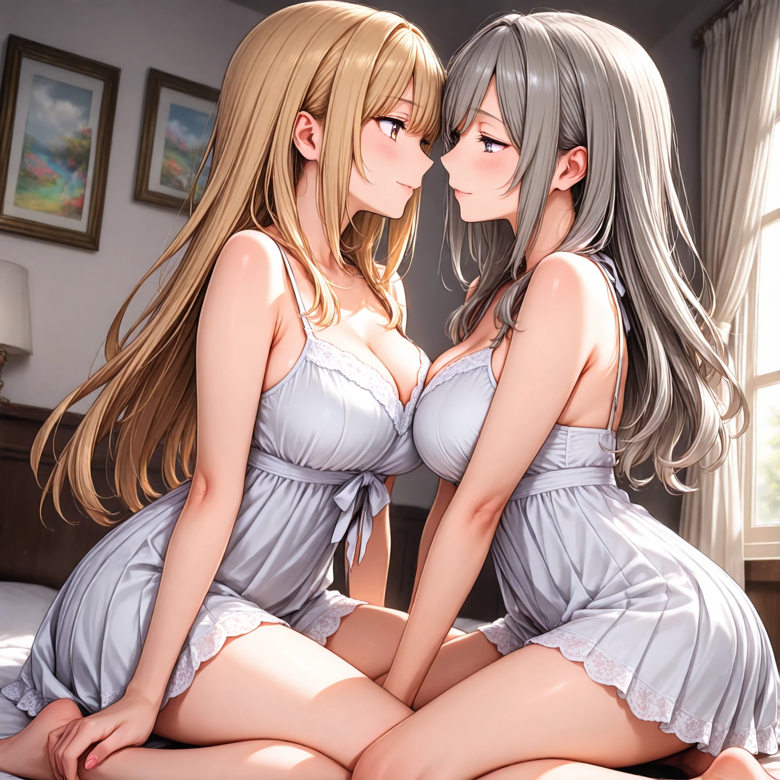 (Highest quality, High resolution, Realistic), whole body, Elegant mature woman, blue eyes, Long Hair, Side bangs, Blonde, See-through tank top, Large Breasts, Two Women,One is a 30-year-old mother.,The other is１２Year-old daughter,Ultra-fine CG 8K, Beautiful CG, Soft Light。,（((Penetration Sex,Creampie Sex,Cums many times,rape,rape,Procreation,))),1 Male