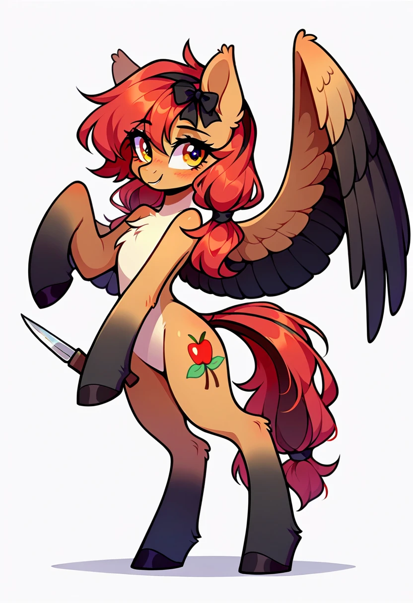 Female pegasus pony, brown fur, red hair, green eyes, green polka dot bandanna in hair on head, white feathers on wings, large crotchboobs, fishnet stockings, standing, anal penetration