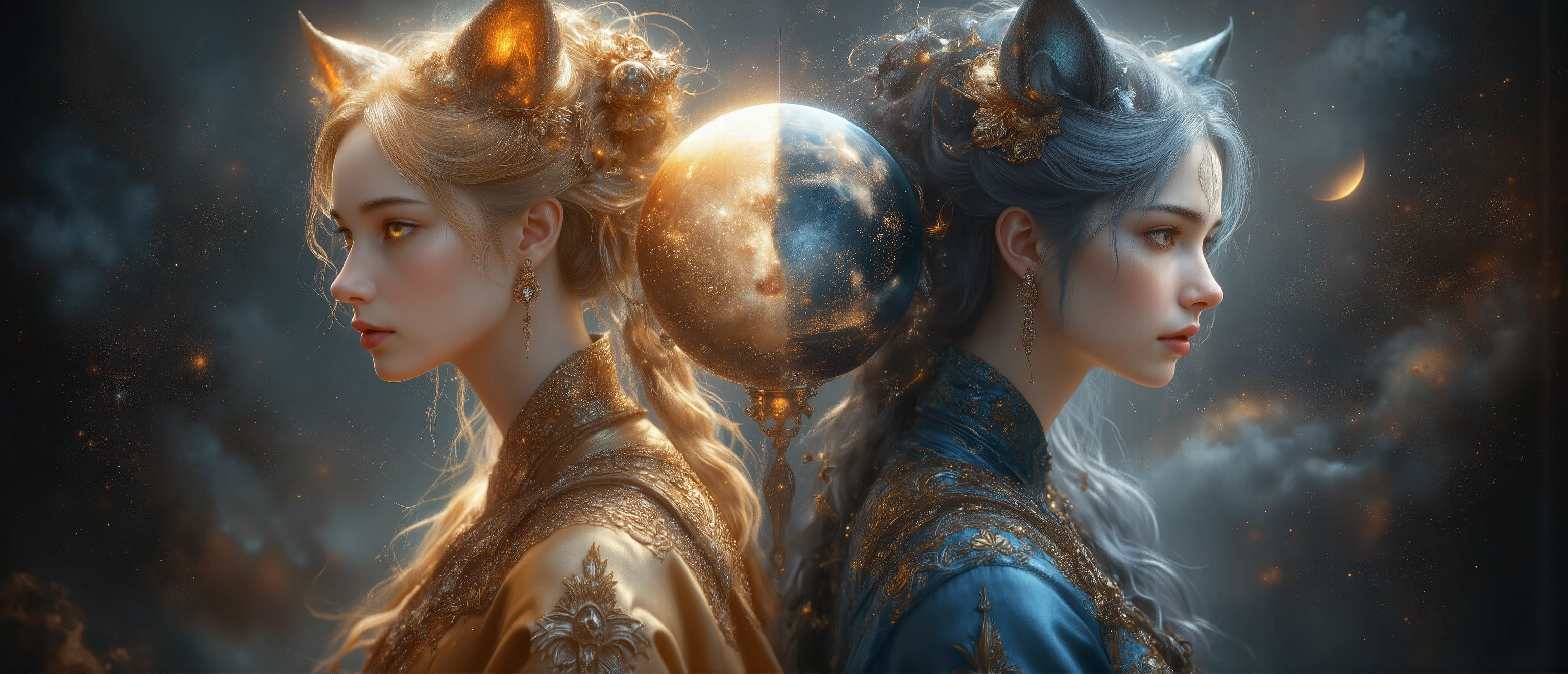 Epic painting High quality, masterpiece、Highest quality、masterpiece, Best quality, A large portrait of two fox spirit sisters, standing back to back in perfect symmetry,  
their faces are serene, but, dresses looking in opposite directions with unreadable, with divine expressions.  

Each fox sister's ears are elegantly raised — 
one tip in shining gold, with glowing warm sunlight,  
the other one flickers with silver moonlight on her midnight hair.  

Their upper parts the bodies are decorated with hanbok:  
one glowing and flowing with gold silk embroidery, that glow like sunrise,  
other dark indigo, decorated with star constellations.  

Девять лисьих хвостов слабо кружатся на размытом backgroundе, like heavenly ribbons,  
but the focus remains on their faces, delicate features , and intricate hair — 
golden silver strands, sparkling at dawn,  
and deep blue curls, flowing like a liquid night.  

A fragmented celestial globe hovers between their faces, gently glowing,  
half the golden sun, half the silver moon,  
its gentle streams of stardust touch their cheeks and shoulders,  
symbolizing intertwined fate.  

background: blurred surreal cosmic landscape with faint auroras and galaxies,  
serving as soft, ethereal scene , that does not eclipse sisters.  

mood: mythical, intimate , Divine Duality.  
style: hyperdetailed fantasy realism, ethereal elegance.  
Lighting: dramatic double glow — warm golden glow against cool silver moonlight,  
illuminate their facial features and eyes.  


