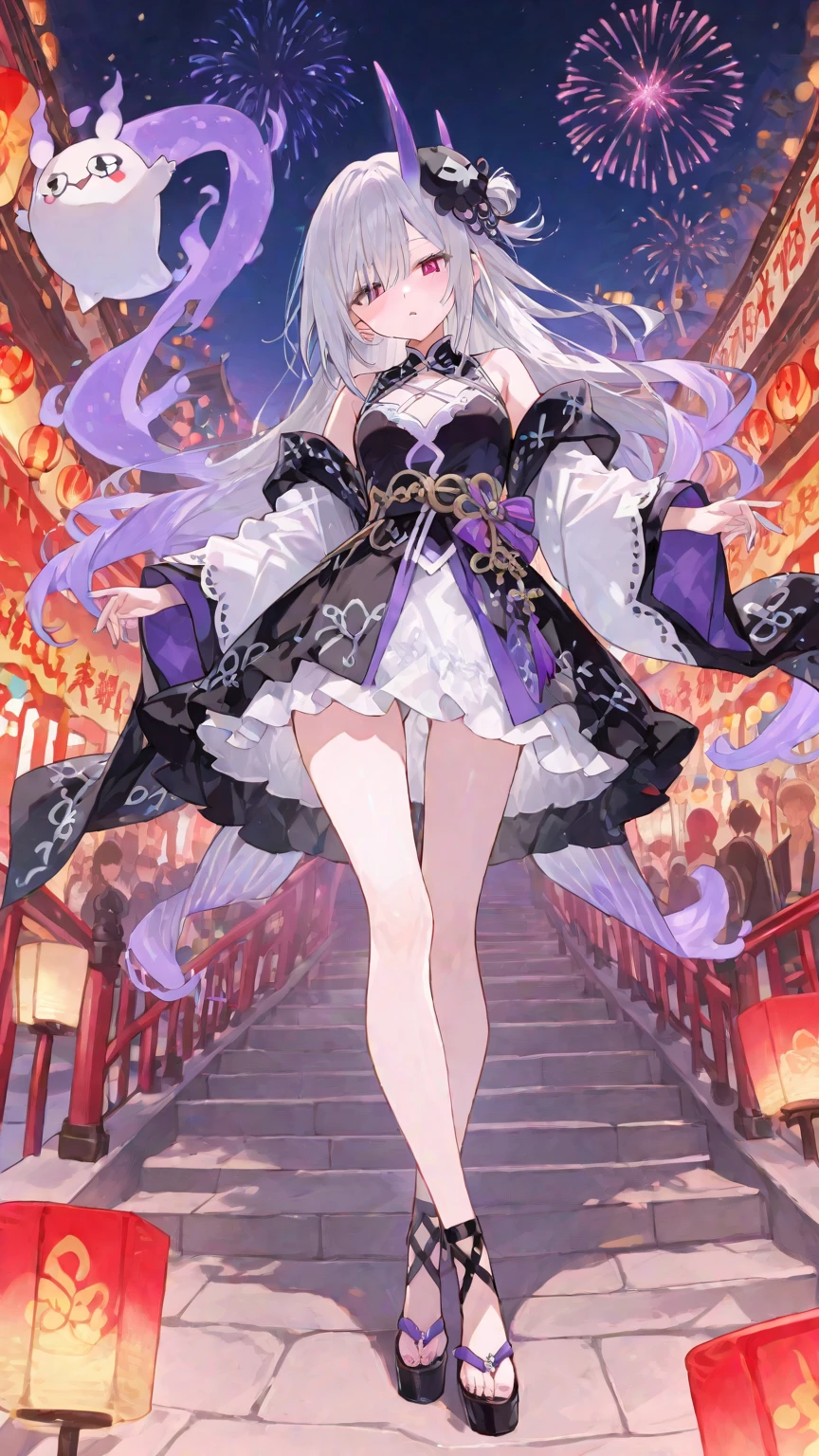 Many monsters walk briskly、The monsters are dancing、night、nightの神社、a fantastic atmosphere、masterpiece、Highest Quality、Festival、背後に華と月night、full body、no characters。