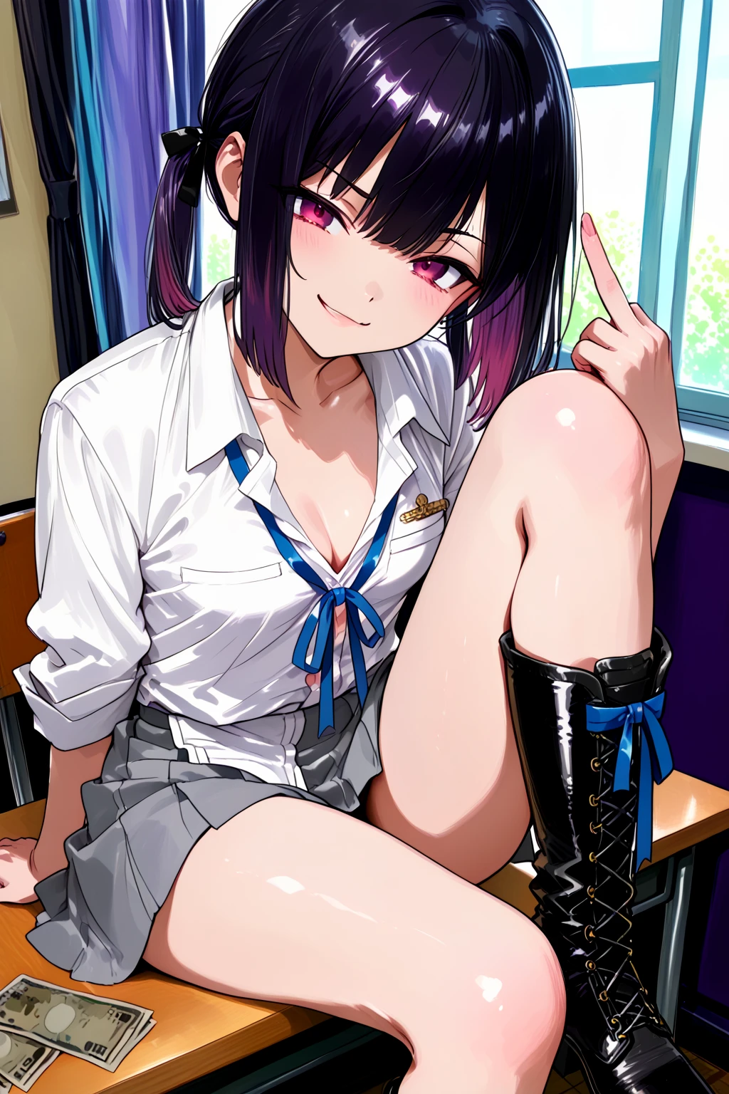masterpiece, Highest quality, High resolution, shizurin, One girl, shizuka rin, alone, , Yellow Eyes, Pleated skirt, Purple ribbon, short hair, blazer, Blue Hair, Purple Pantyhose, Long sleeve, Mole under the eye, bangs, bow tie, White shirt, Black jacket, purple bow tie, Collared shirt, Black Skirt, sweater, Blue jacket, mini skirt, Cowboy Shot, smile, Outdoor, (masterpiece、Highest quality、High resolution、Ultra-high-definition CG、8k size wallpaper, super detailed skin, detailed, beautiful detailed eyes), BREAK, ass pov, sit astride, girl on top, focus pussy, black hair, drop eyes, student, BREAK, Sex:1.5, pussy juice:1.5, ((smile)), cum pussy:1.9, baby face, BREAK, pussy in small penis, erectile nipples, Put your hands forward, peeing, Phimosis, Round eyes、Terribly violent sex acts、((Medium chest))、A large amount of bodily fluids splashing、BREAK、small penis, Live-action background、