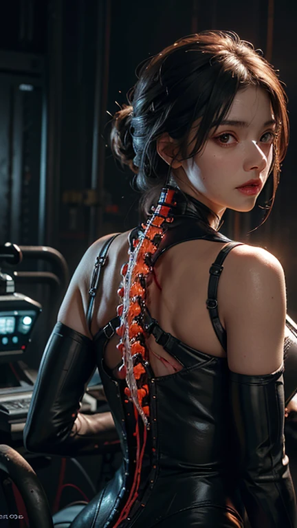 (masterpiece, top quality, best quality, official art, beautiful and aesthetic:1.2), (1girl:1.3), extreme detailed,colorful,highest detailed ((ultra-detailed)), (highly detailed CG illustration), ((an extremely delicate and beautiful)),(from side),cinematic light,((1mechanical girl)),solo,full body,(machine made joints:1.2),((machanical limbs)),(blood vessels connected to tubes),(mechanical vertebra attaching to back),((mechanical cervial attaching to neck)),(sitting),expressionless,(wires and cables attaching to neck:1.2),(wires and cables on head:1.2)(character focus),science fiction,white background,(blood:1.5)