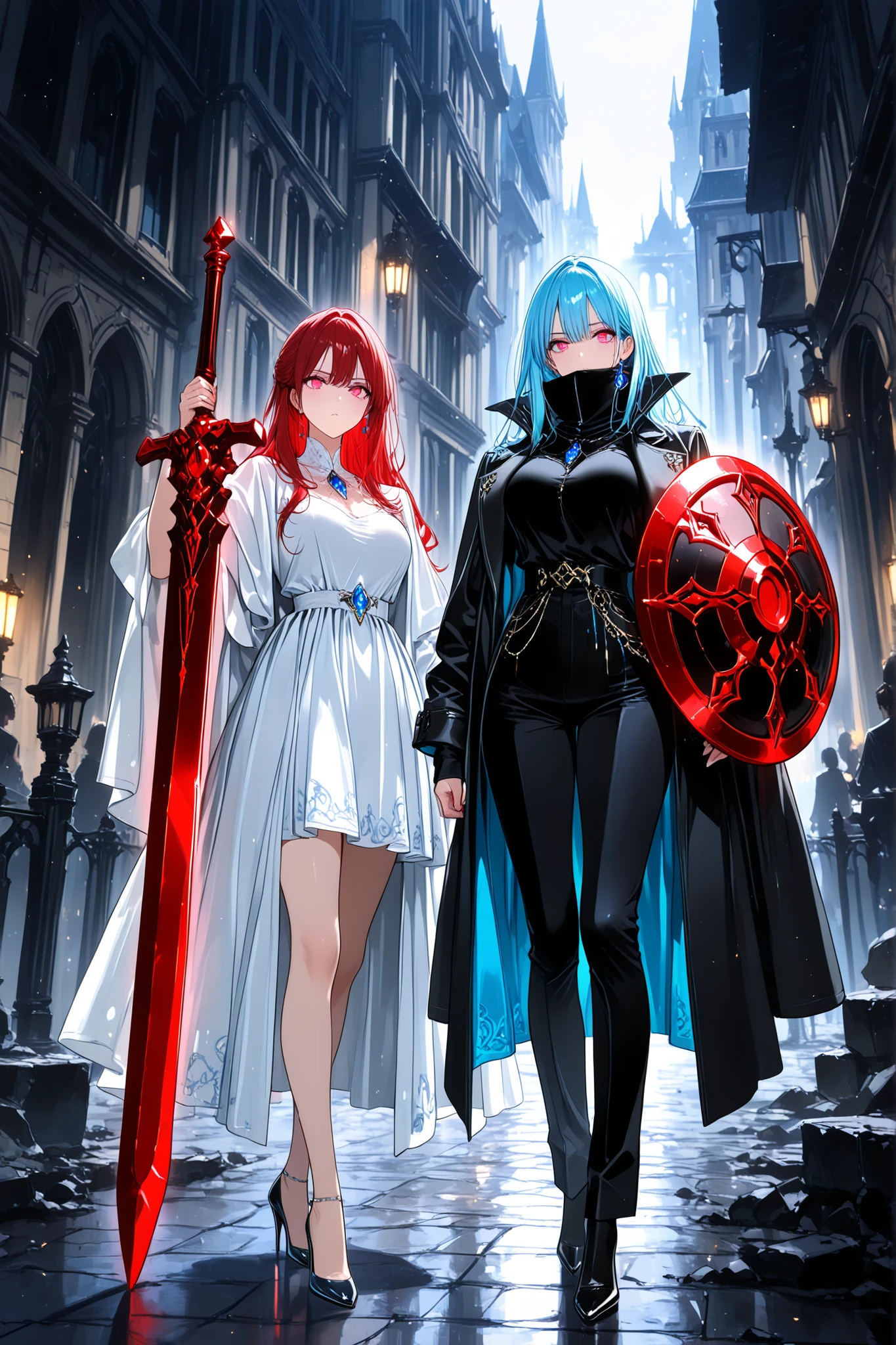 low front angle, (masterpiece, detailed image, 4K, vivid colors), two women standing next to each other:1.2, side by side:1.2, left side:{1Woman}:(a beautiful and attractive woman, long blue hair, with expressive rectangular red eyes, wearing black clothes, dress pants, high-heeled shoes and a closed overcoat with a high collar covering up to her mouth, neutral expression, resting on her shoulder a huge large sword with red jewels), BREAK, right side:{2Woman}:(a beautiful and attractive woman, with red hair, expressive rectangular blue eyes, wearing white clothes, dress pants, high-heeled shoes and a closed overcoat with a high collar covering up to her mouth, neutral expression, with a shield adorned with blue jewels), dreamlike scenery/deformed buildings, perfect lighting, perfect lighting