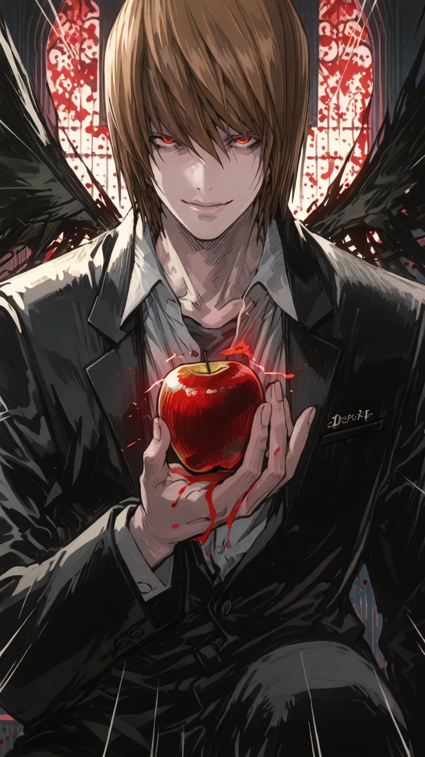 (score_9,score_8_up,score_7_up) LIGHT YAGAMI, DEATH NOTE, 1 MAN, EVIL SMILE ,), ,,extremely detailed,dynamic lighting,best quality,,,best quality,high quality,, , dynamic angle, , thick thighs, motion lines,, , solo, perfect eyes,,DETAIL,MASTERPIECE,,Expressiveh, ultra detailed,,,,very detailed,extremely detailed,dynamic lighting,best quality,(score_9,score_8_up,score_7_up), RED eyes, BROWN SHORT HAIR SPIKY hair, , BODY TYPE SLIM,,extremely detailed,dynamic lighting,best quality, pale skin, LIGHT YAGAMI, DEATH NOTE, LIGHT YAGAMI, WITH APPLE IN HIS HAND, MALICIOUS SMILE, DARK LOOK, RED EYES, IN SUIT WITH BLACK WINGS , DARK ATMOSPHERE,
LIGHT YAGAMI, WITH APPLE IN HIS HAND, MALICIOUS SMILE, DARK LOOK, RED EYES, IN SUIT, DARK ATMOSPHERE, anime, male, holding, apple, with, wings, and, blood,, light yagami, yagami light, 4 k manga wallpaper, death note style, death note, 4k anime wallpaper, high quality fanart, with apple, high definition anime art, anime art wallpaper 4 k, anime art wallpaper 4k, anime art wallpaper 8 k, anime wallpaper 4 k
