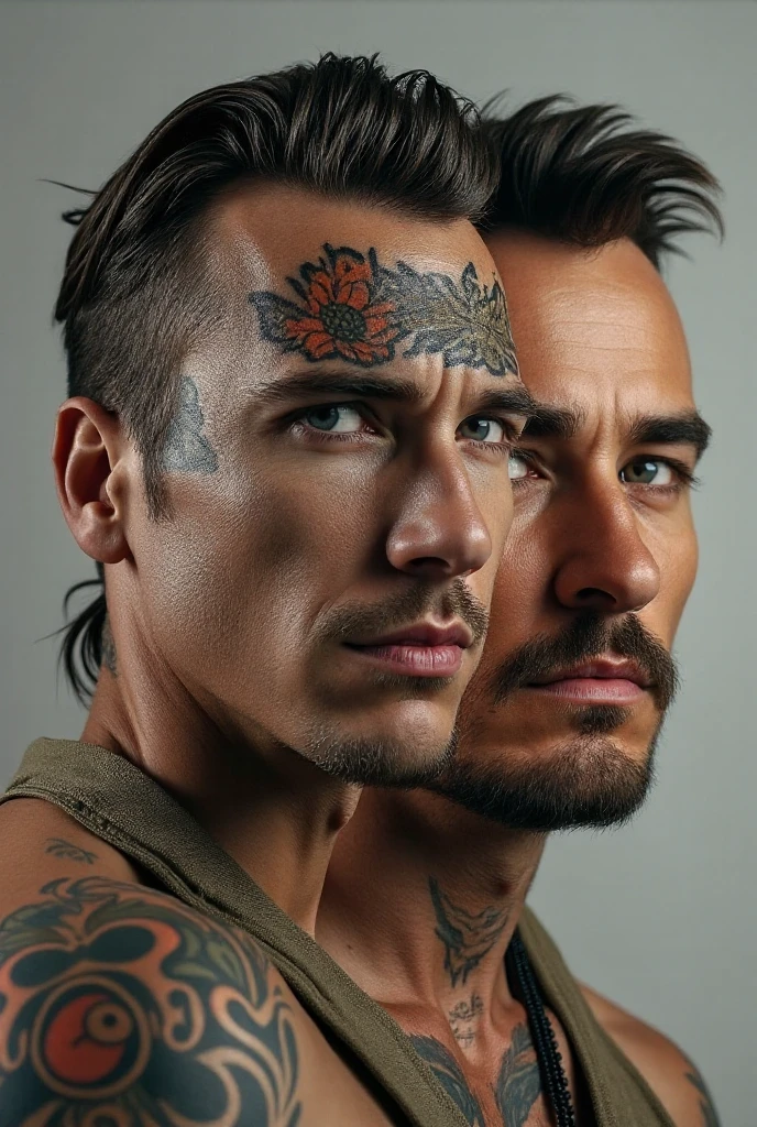 (two deeply passionate,  tattooed bodybuilder men kissing intensely in a dark and moody atmosphere) seen from a low angle