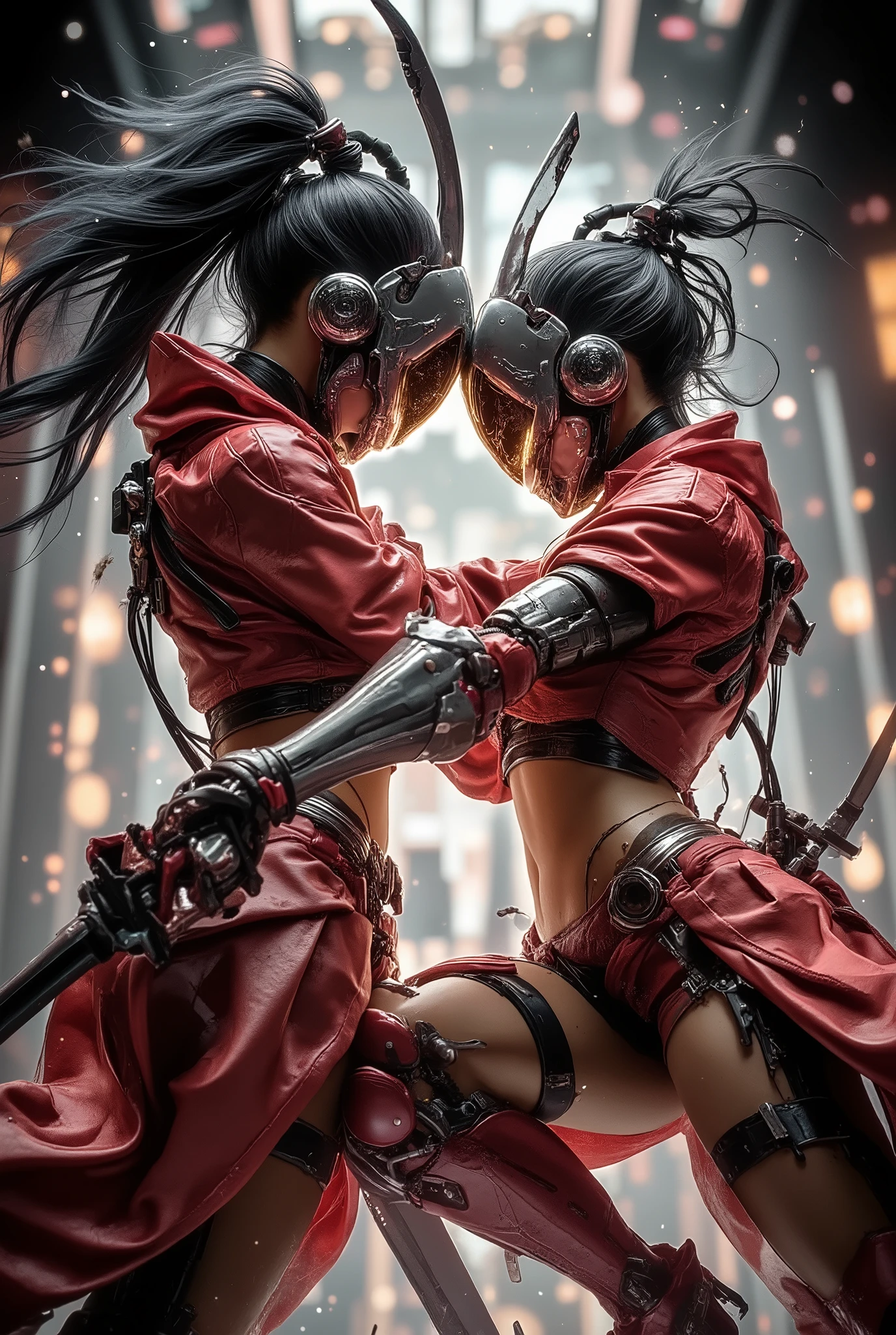 two female twin cyberpunk samurai robots fight shoulder to shoulder, motion dynamics, the whistle of a katana cutting through the air, robot faces with a mirrored protective mask, super-detailed helmets, flowing black hair, armor made of red leather, robot joints, a body made of metal, cables and wires, a katana strapped to the back, abstract the background resembles an oriental temple.