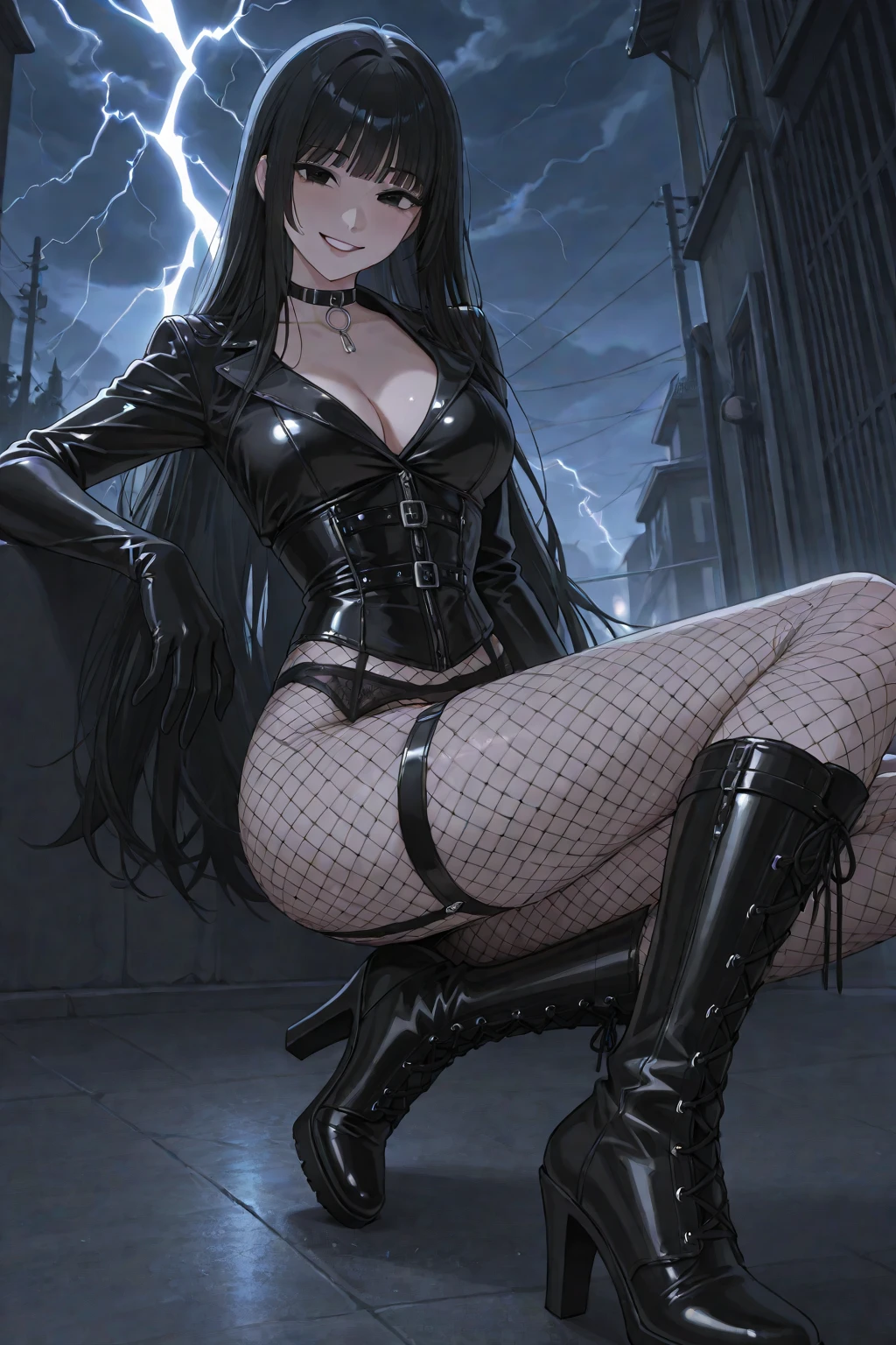 best quality, masterpiece, ultra-detailed, illustration, dynamic pose, Yoru, yorucsm, face scar, red eyes, black hair, looking at viewer, (evil smile), heavy eyeliner, (wearing a leather jacket, platform boots:1.2), adorned with studded accessories, (layered necklaces), bold patterns, (torn fishnet pantyhose:1.2), black miniskirt, dramatic makeup, black nail polish, oversized rings, close-up shot, thick thighs, big breasts, big ass, wide hips, hip dip, glossy lips, expressive face, ratatatat74, cinematic lighting, volumetric lighting, vibrant colors, ray tracing, intricate details in 8k or 4k resolution