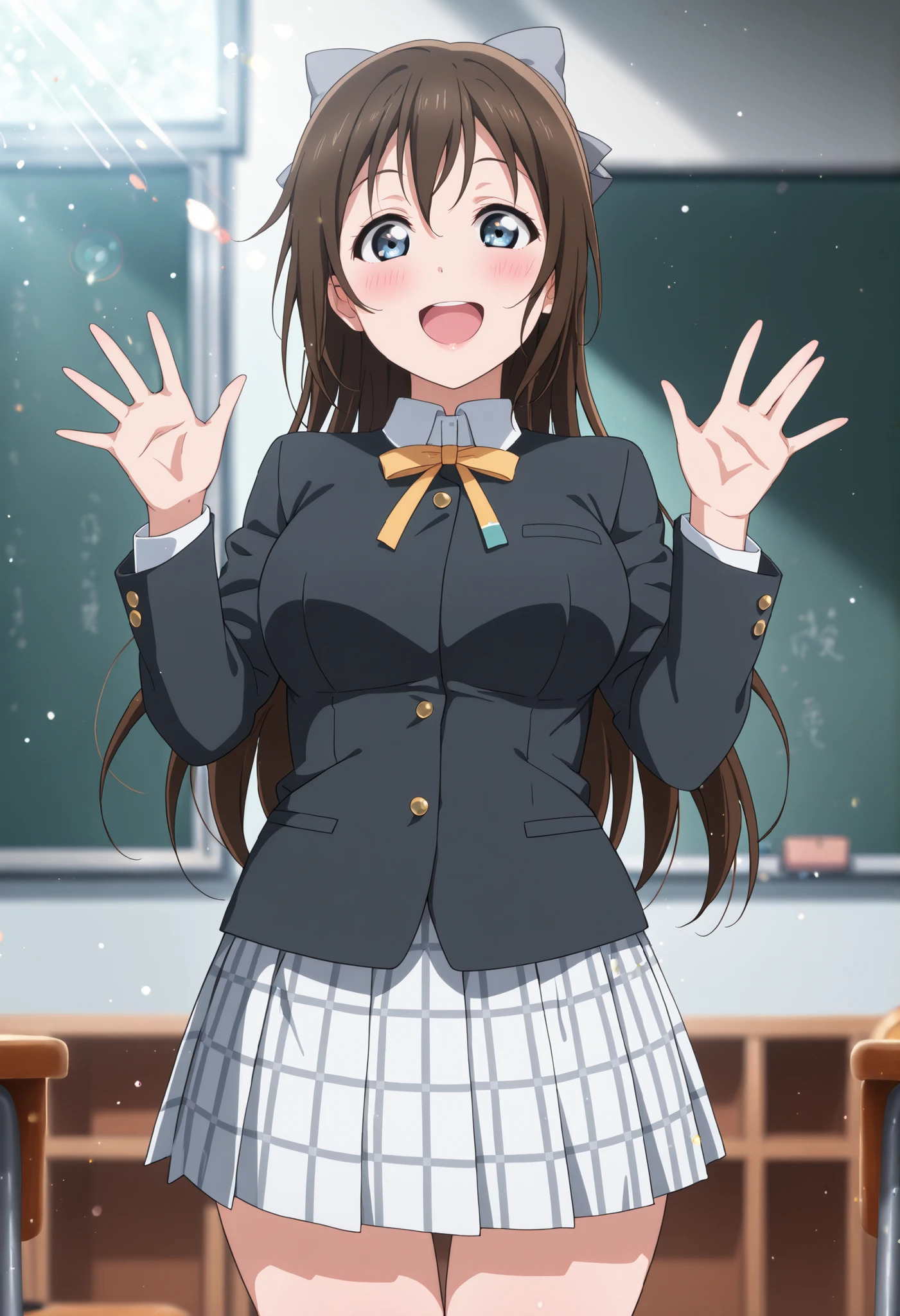 (score_9, score_8_up, score_7_up:1.2), source_anime, 1girl, looking at viewer, cowboy shot ,BREAK (Shizuku Ousaka), long hair, hair bow BREAK big pupils, large breasts, :d, blushing ,glossy lips, BREAK ,nijigasaki school uniform,winter uniform, black blazer, standing collar, long sleeves BREAK yellow neck ribbon BREAK grey miniskirt, pleated skirt, plaid skirt BREAK double waving BREAK classroom background BREAK (masterpiece, absurdres, very aesthetic:1.2), perfect anatomy, perfect lighting, cinematic light, light particles, (depth of field, blurry background:1.2), lens flare